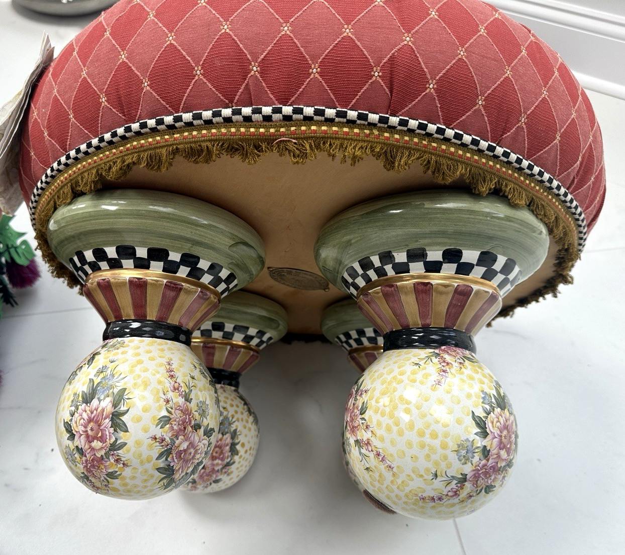 MACKENZIE-CHILDS Large Heavy Ceramic-Leg 20″ Footstool Seat Ottoman Pouf Tuffet