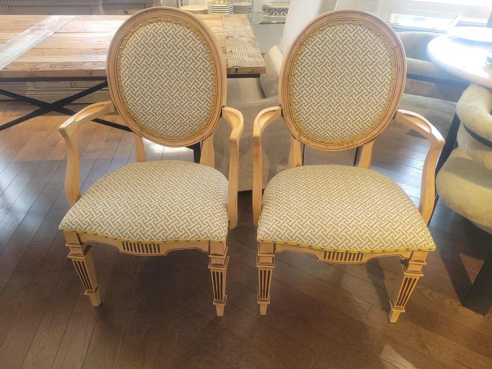 PAIR of Louis XVI Style Medallion Back Chairs w/ Sayagata Pattern Fabric (AS IS)