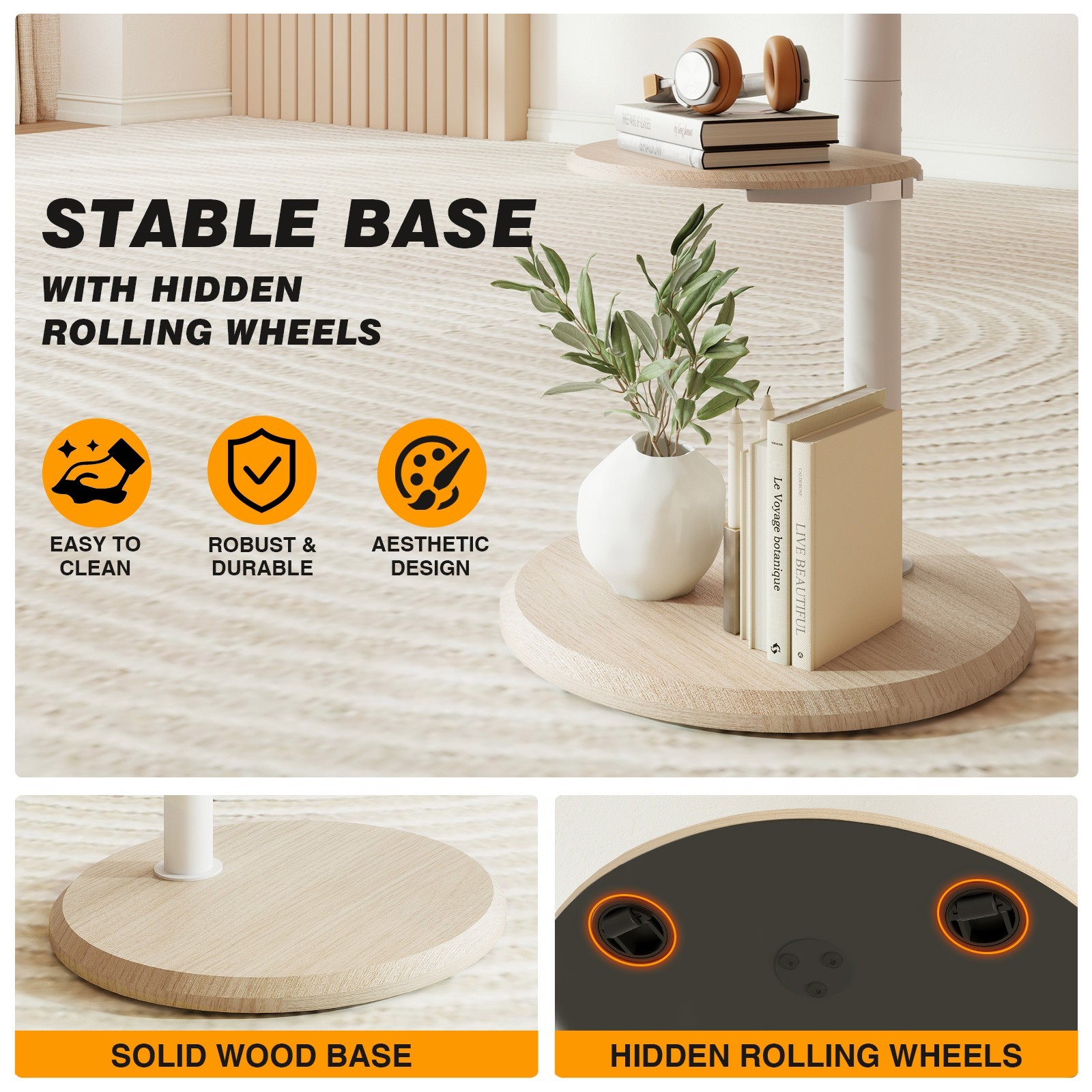 Mobile Floor TV Stand with Round Wooden Base for 32-65 inch TVs, Adjustable Tilt