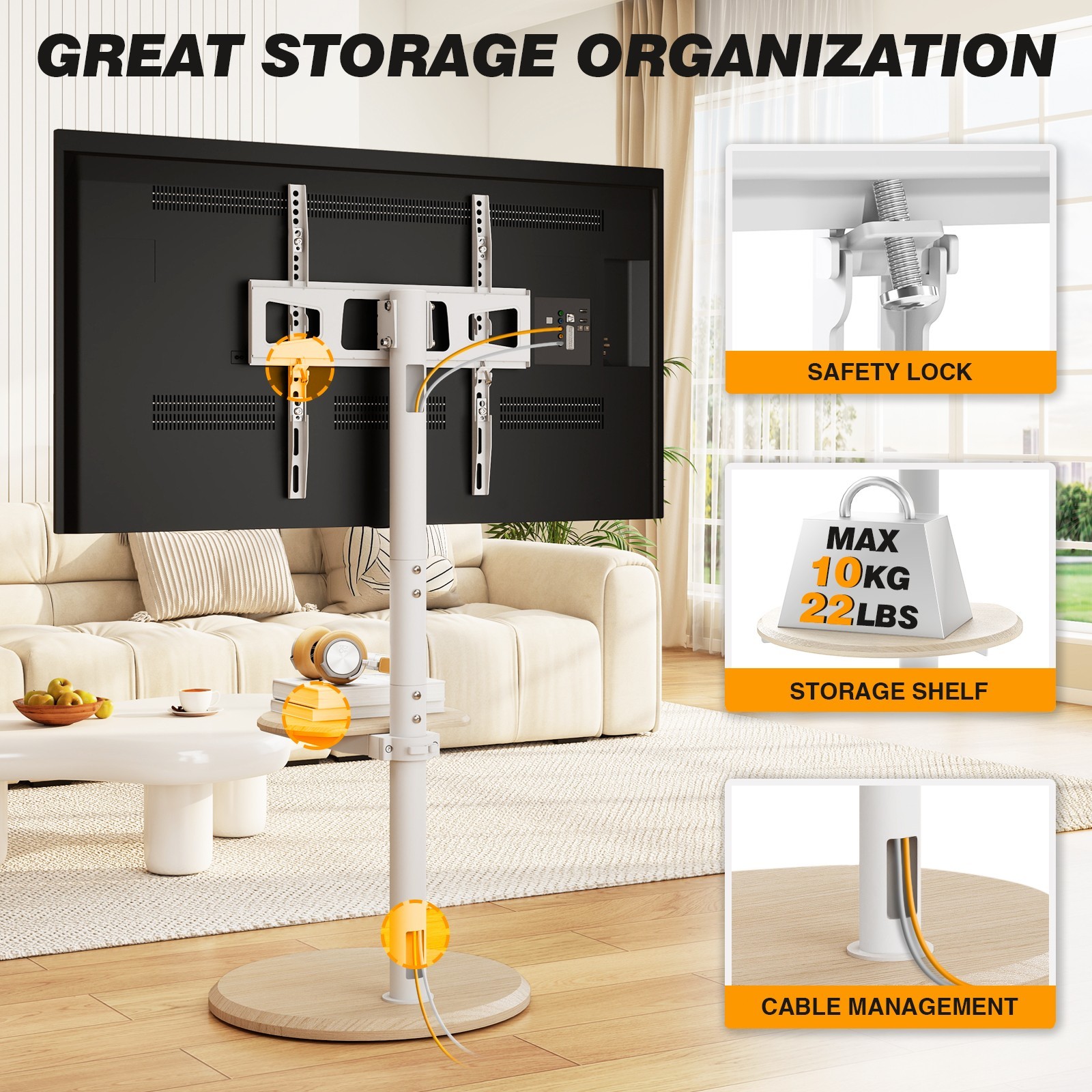 Mobile Floor TV Stand with Round Wooden Base for 32-65 inch TVs, Adjustable Tilt