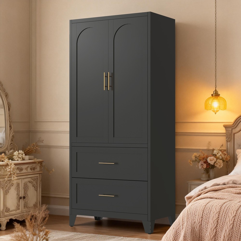 71″ Metal Armoire Wardrobe Cabinet with Hanging Rod, Wardrobe Closet with 2 Door