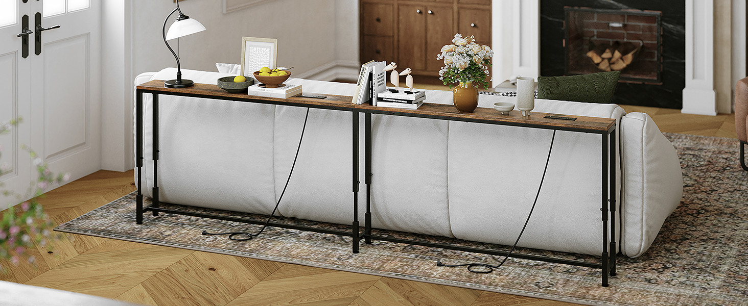110.2″ Behind Couch Table Adjustable Height 23.8~34.8″ with 2 Charging Stations,