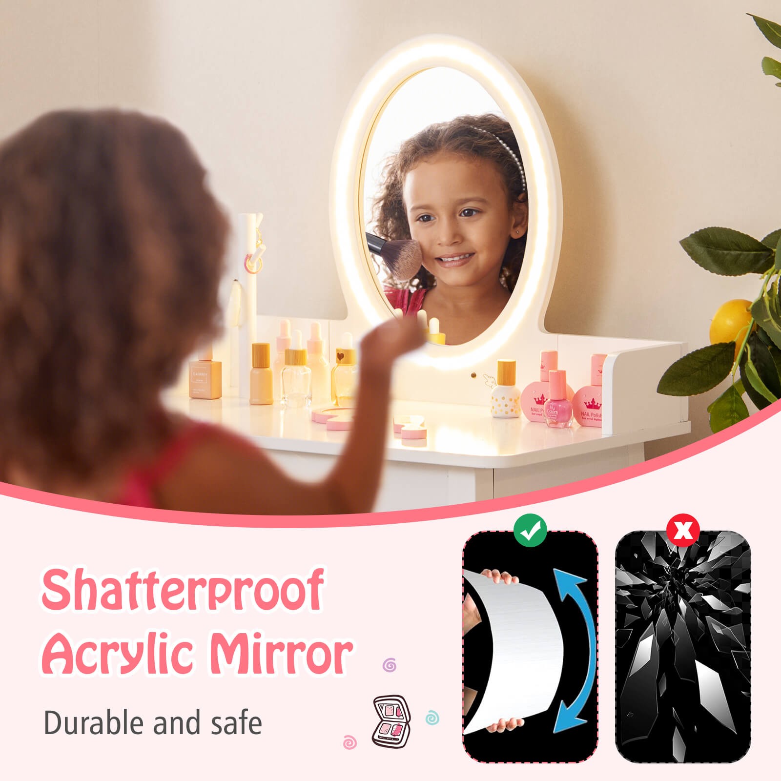 Kids Vanity Table w/Lighted Mirror & Chair 2-Color LED Lighting Drawer for Girls