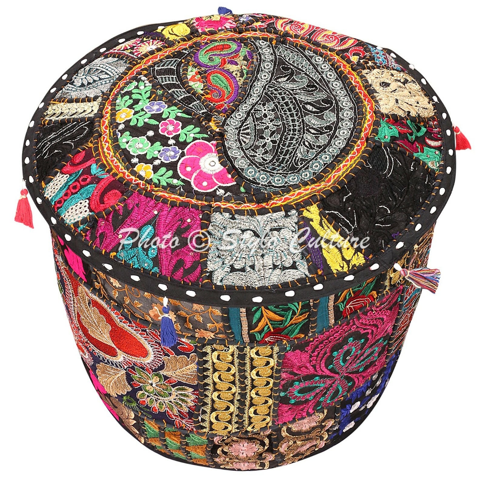 Indian Round Pouf Cover Patchwork Embroidered Ottoman Chair Bohemian 18″ Black