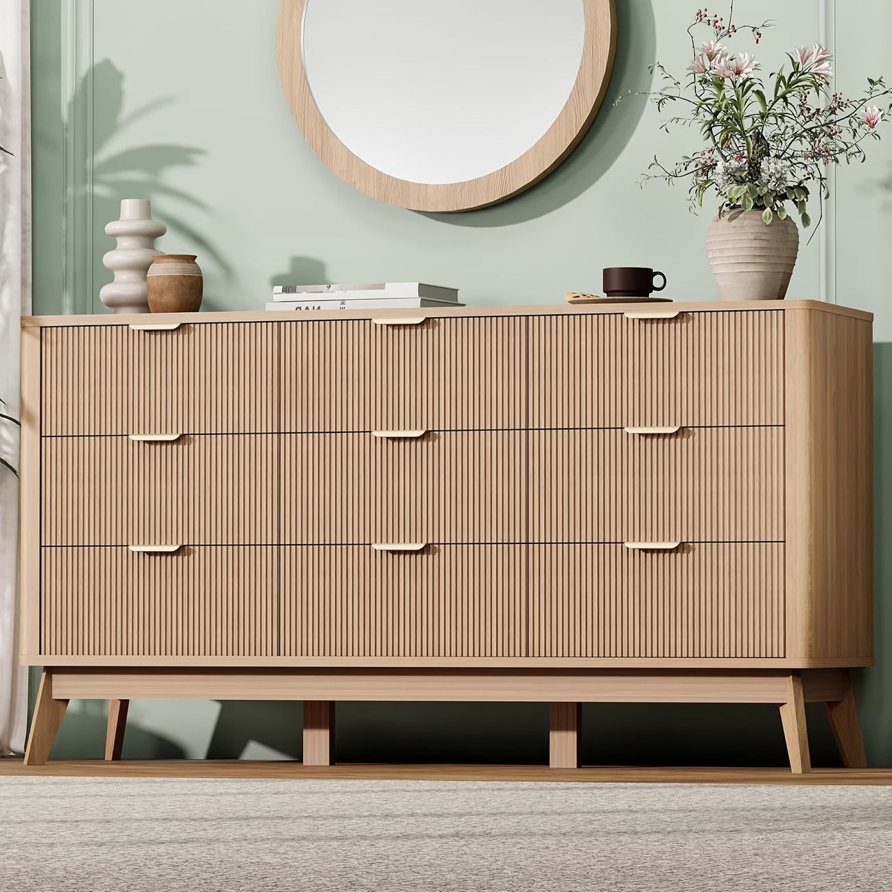 Fluted Dresser for Bedroom with 9 Drawers, 59″ Wide Modern Chest of Drawers with