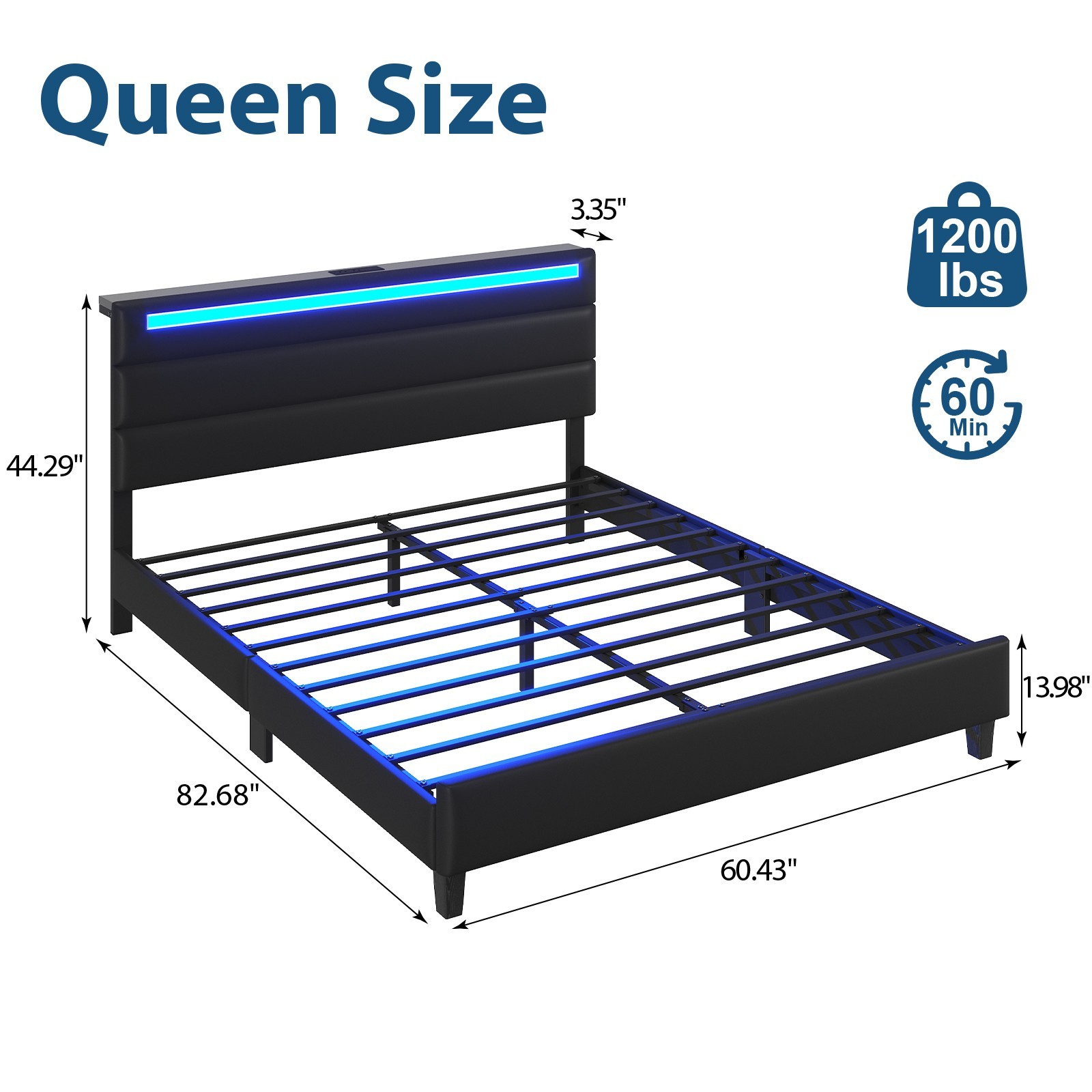 Full/Queen Smart LED Bed Frame – Soft Padded, Charging Station & Storage Shelf.