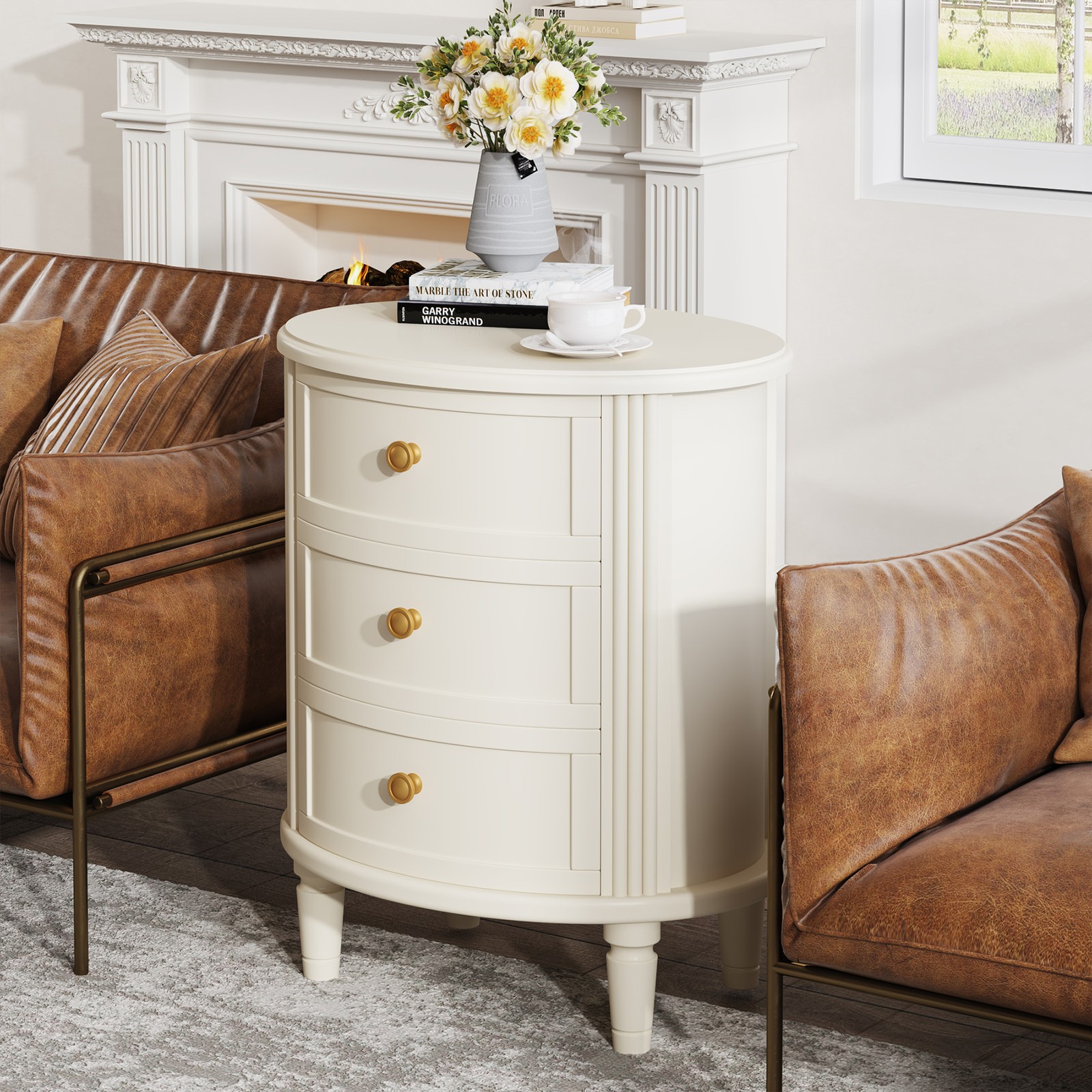 Modern Nightstand with 3 Drawers, White Oval Wooden Side Table, Fully Assembled