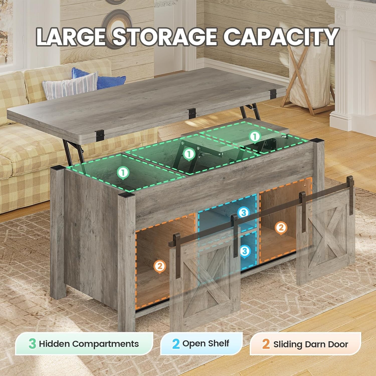 Lift Top Coffee Table, 4 in 1 Multi-Function Convertible Coffee Tables w/Storage