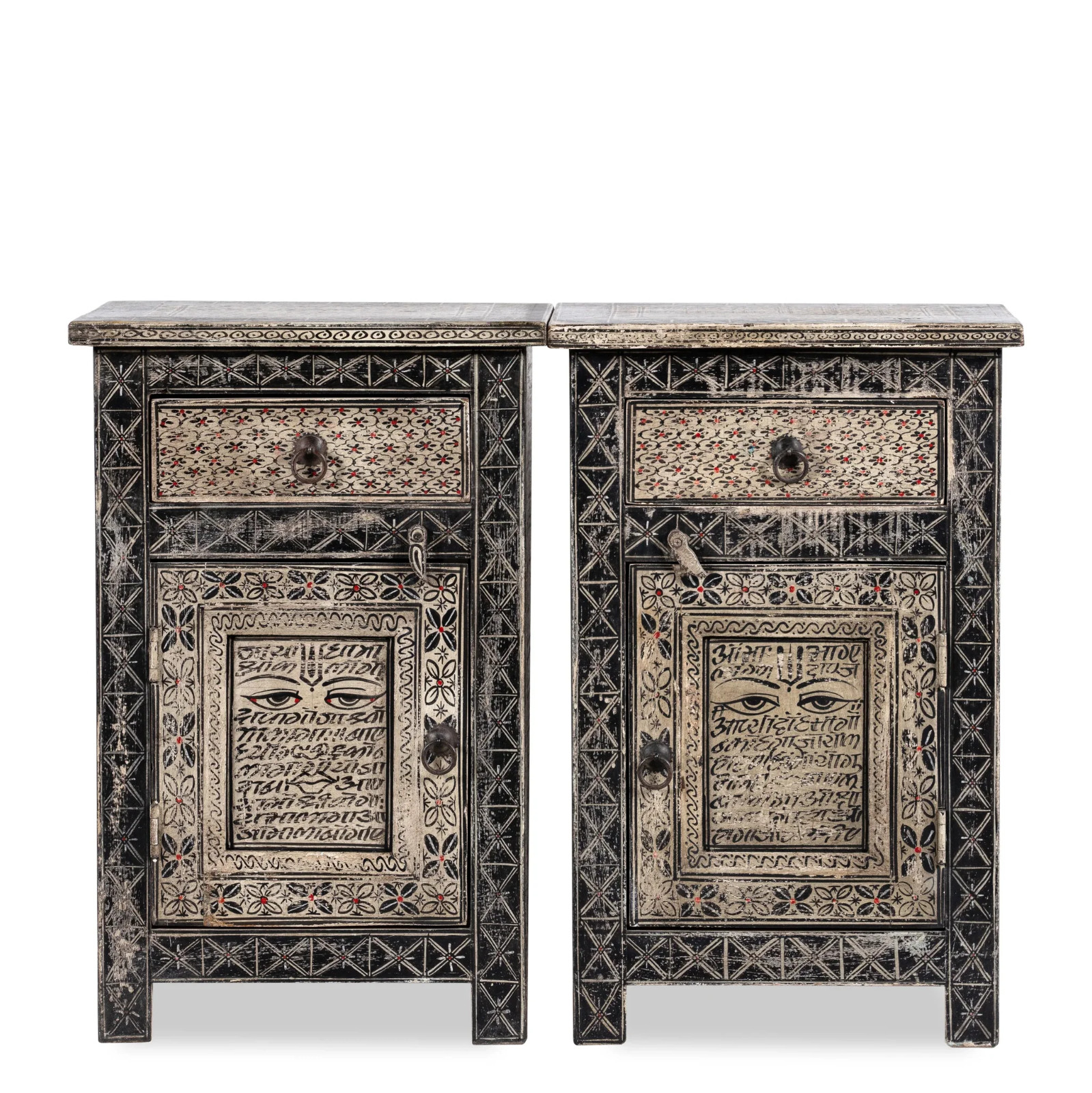 Artisan Handmade Bedside Table Solid Wood Hand Painted 17.7 × 13.8 × 27.6 inches