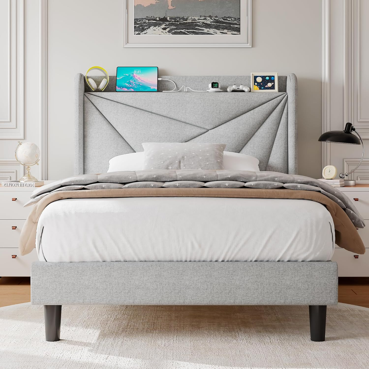 Light Gray Twin Upholstered Bed Frame with Charging Station & Storage Headboard