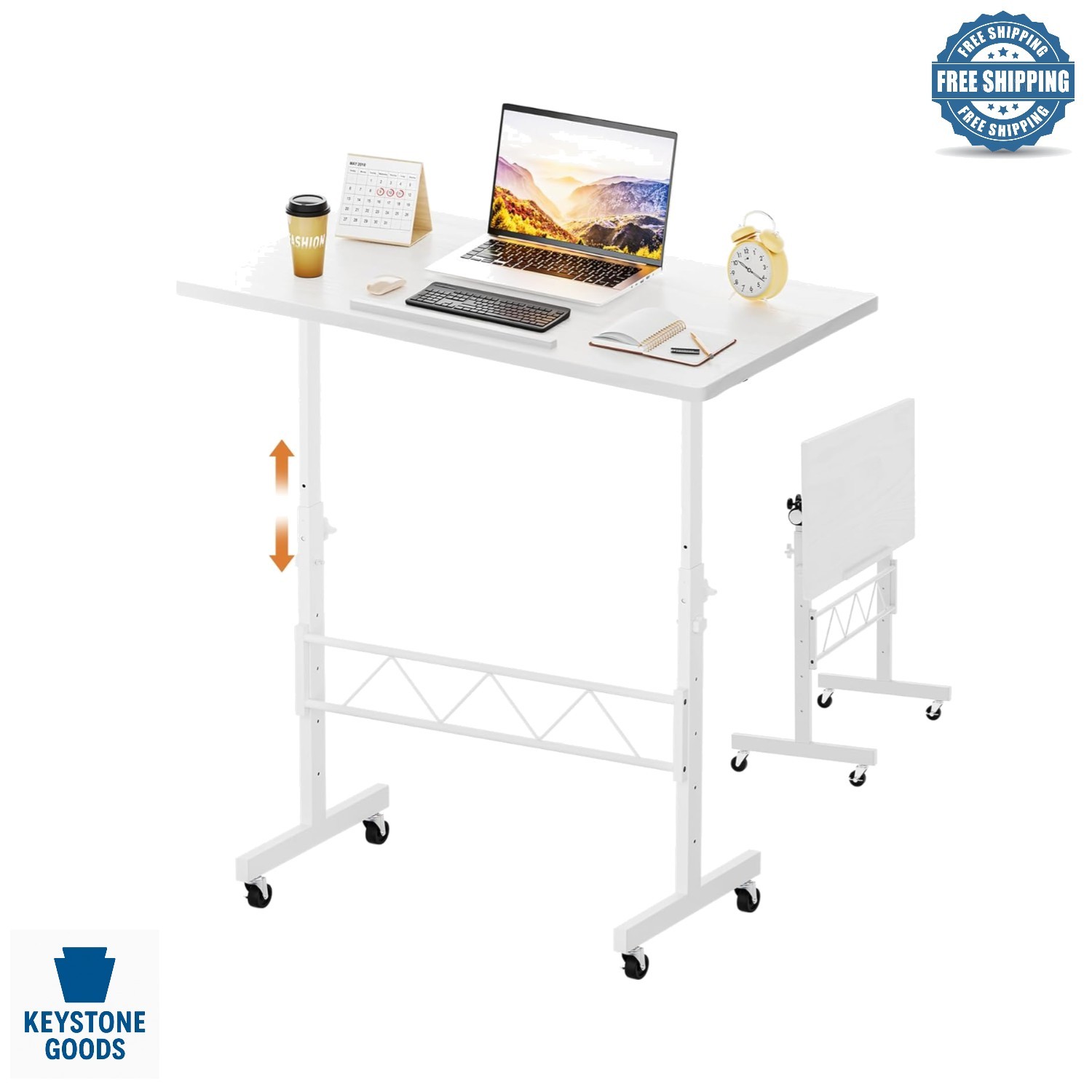 Adjustable White Standing Desk with Foldable Desktop & Mobility