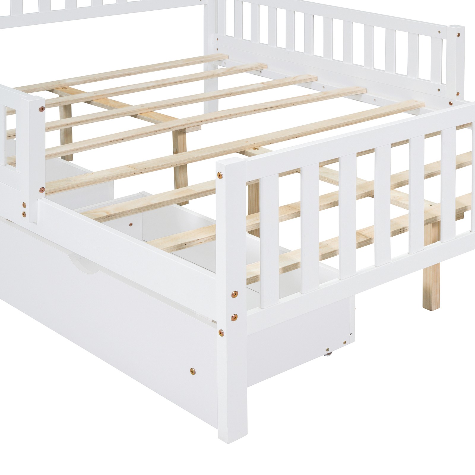 Full Size Bed Frame w/ Guardrails on Both Sides Two Storage Drawers White Wood