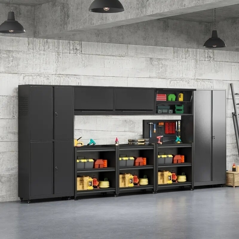 Lockable Garage Storage Cabinet System Unit Garage Workshop Set With Shelving