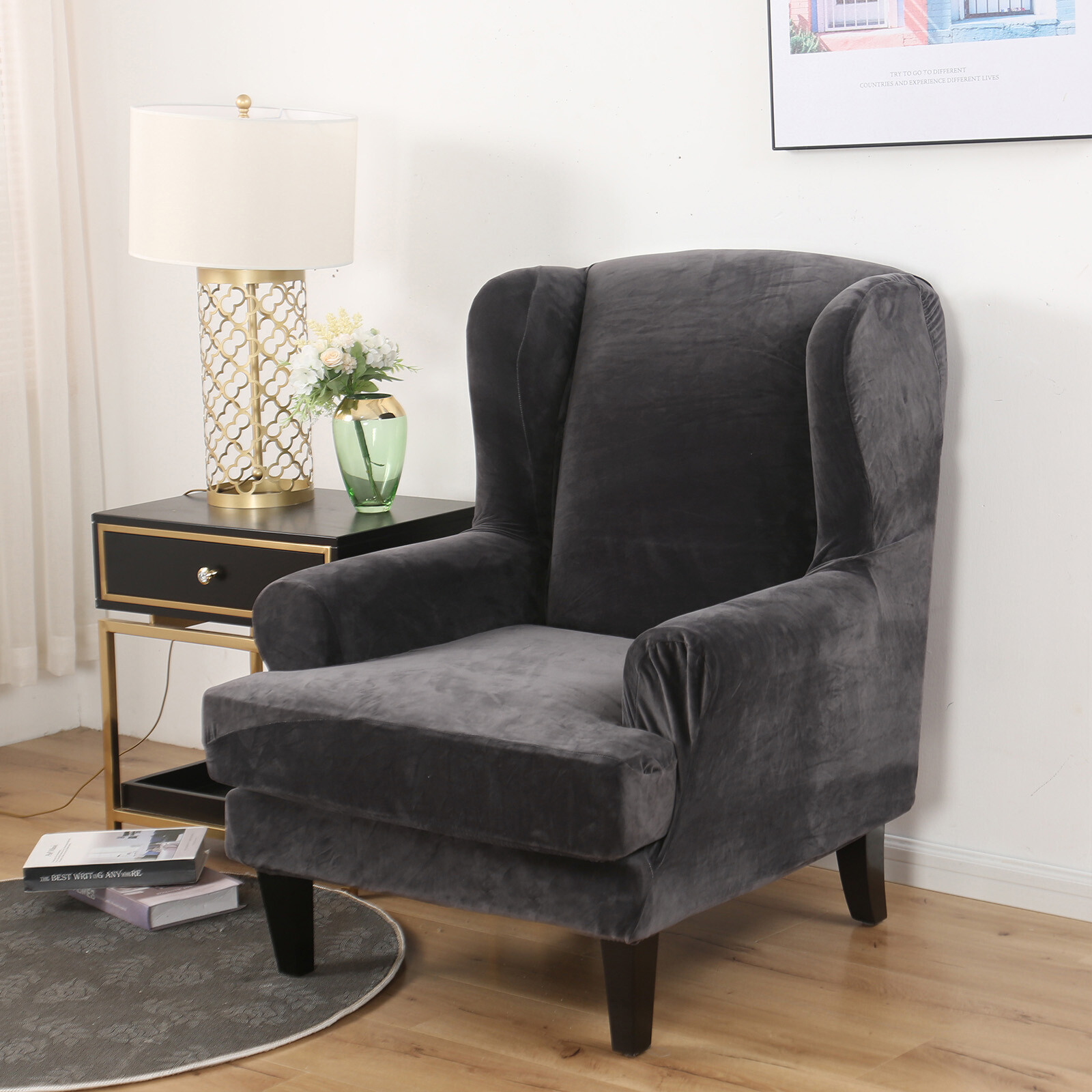 Elastic Wing Back Chair Cover Separate 2-Piece Wing Back Arm Chair Slipcover
