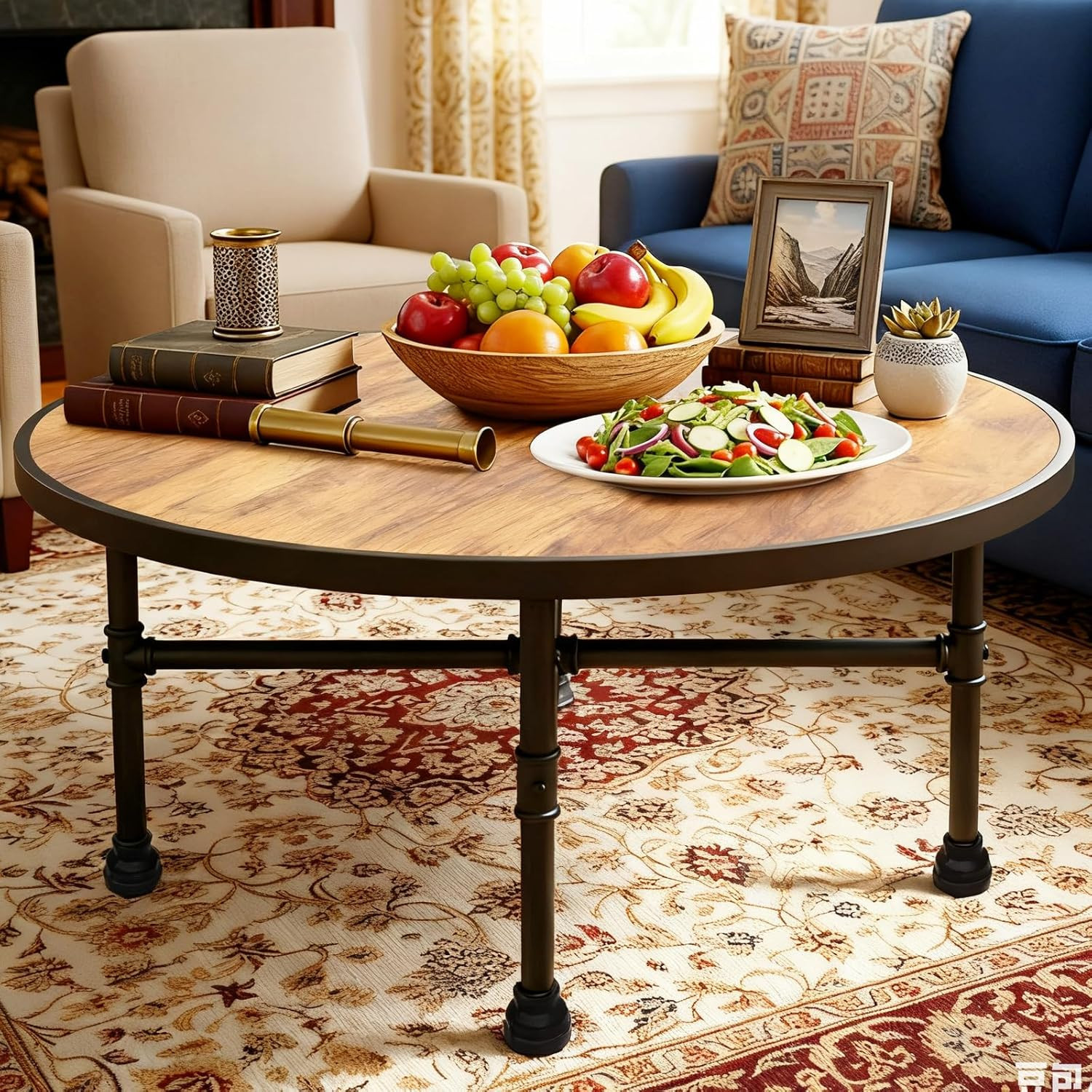 Industrial Round Coffee Table with Metal Legs and Open Shelf for Living Room