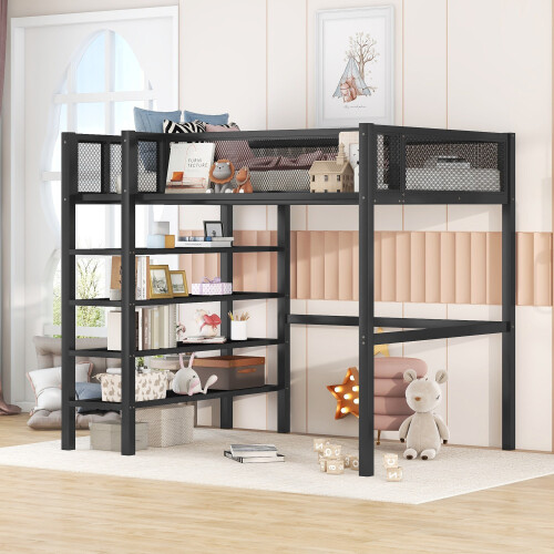 Metal Loft Bed w/ Storage Shelves Twin Size Loft Bunk Bed Frames for School Dorm