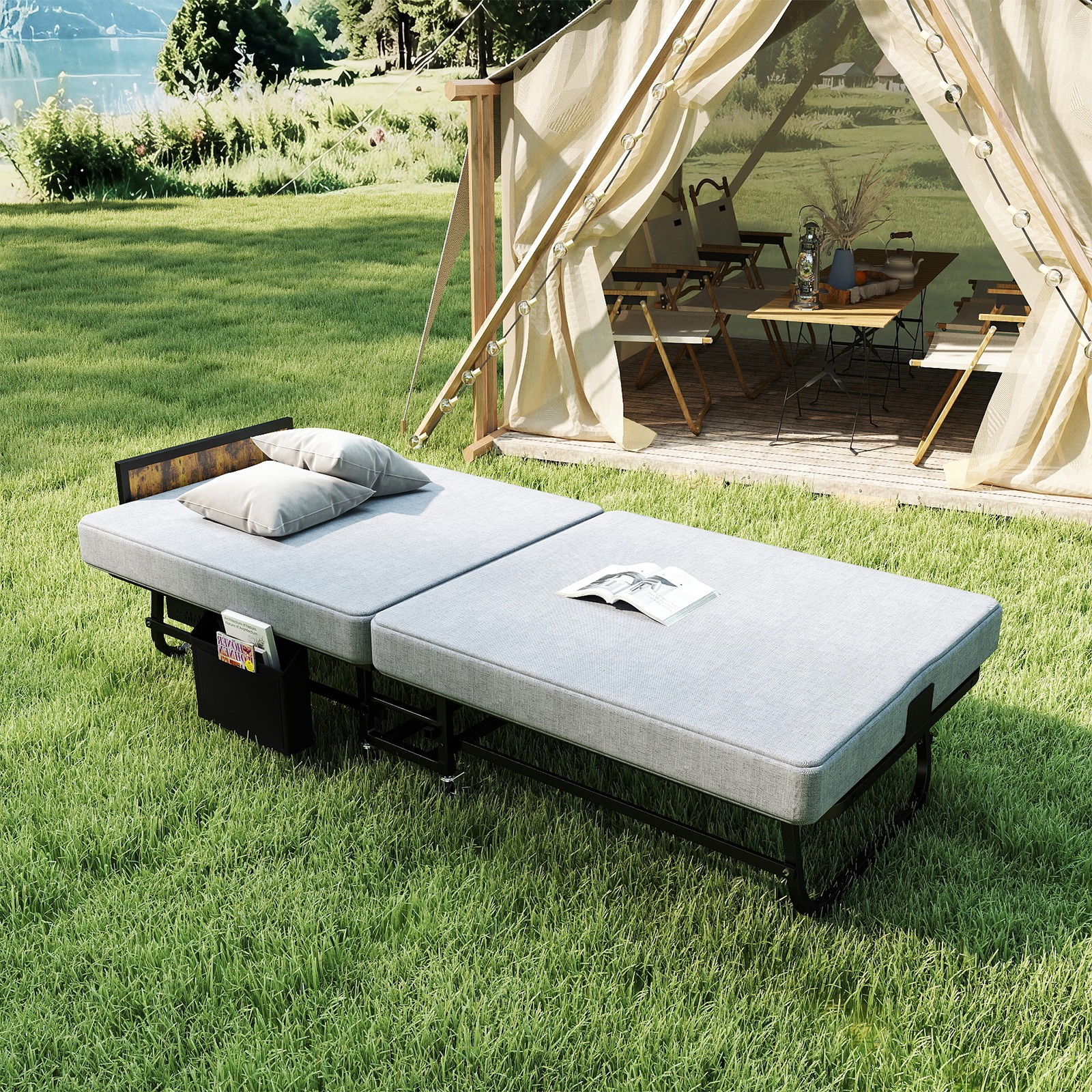 78×31 FT Folding Bed with Headboard & USB Charging Station & Wheels for Guests