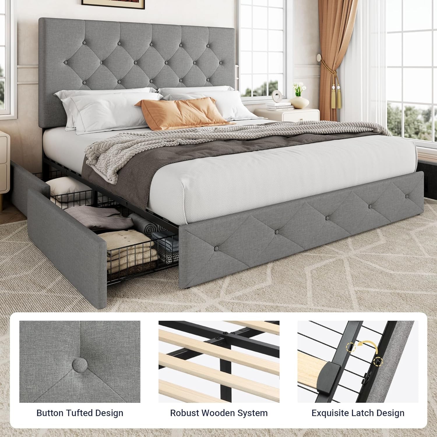 Upholstered Queen Size Platform Bed Frame with 4 Storage Drawers and Headboar…