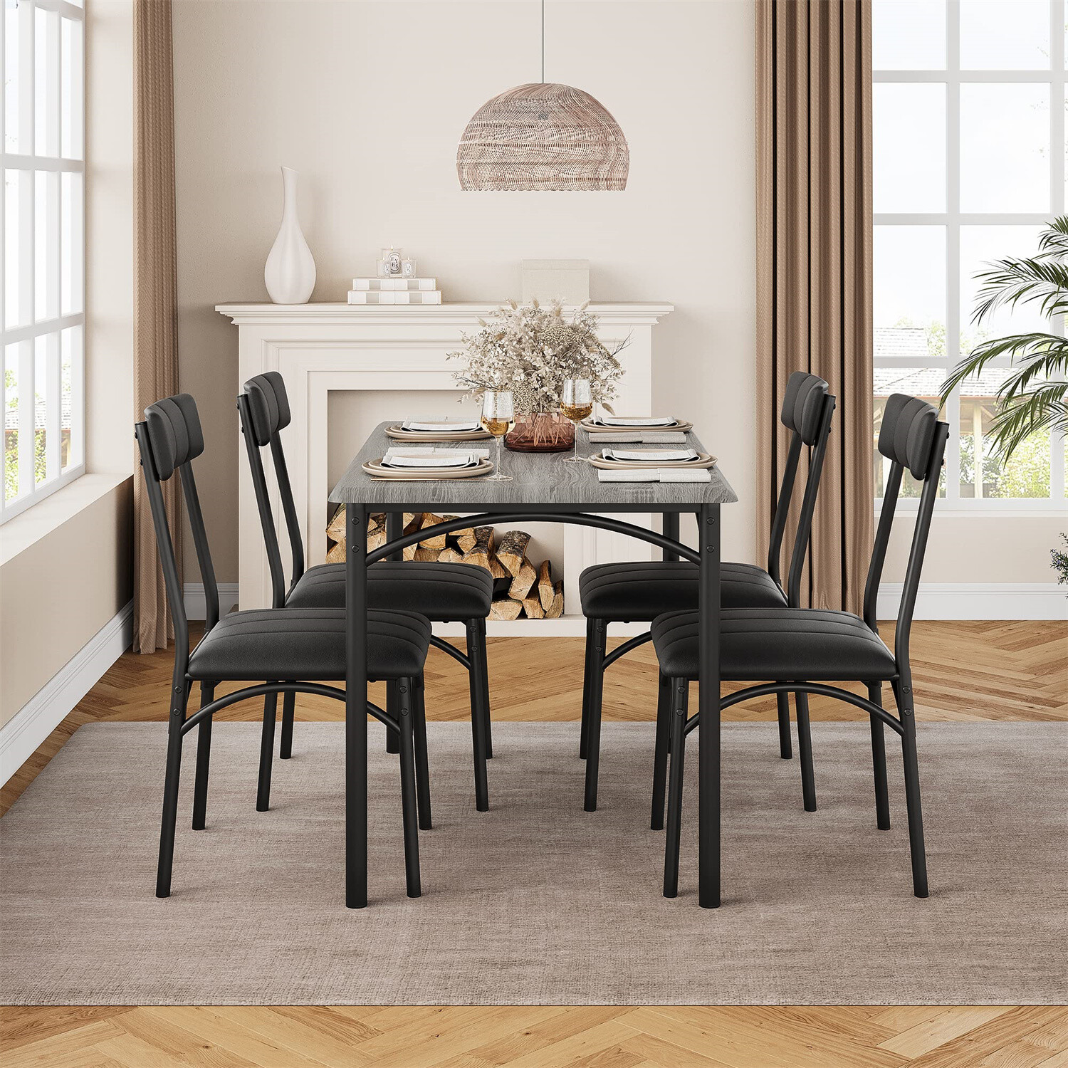 🔥Dining Table Set for 4 Kitchen Table Chairs Metal Wood Upholstered Dining Set