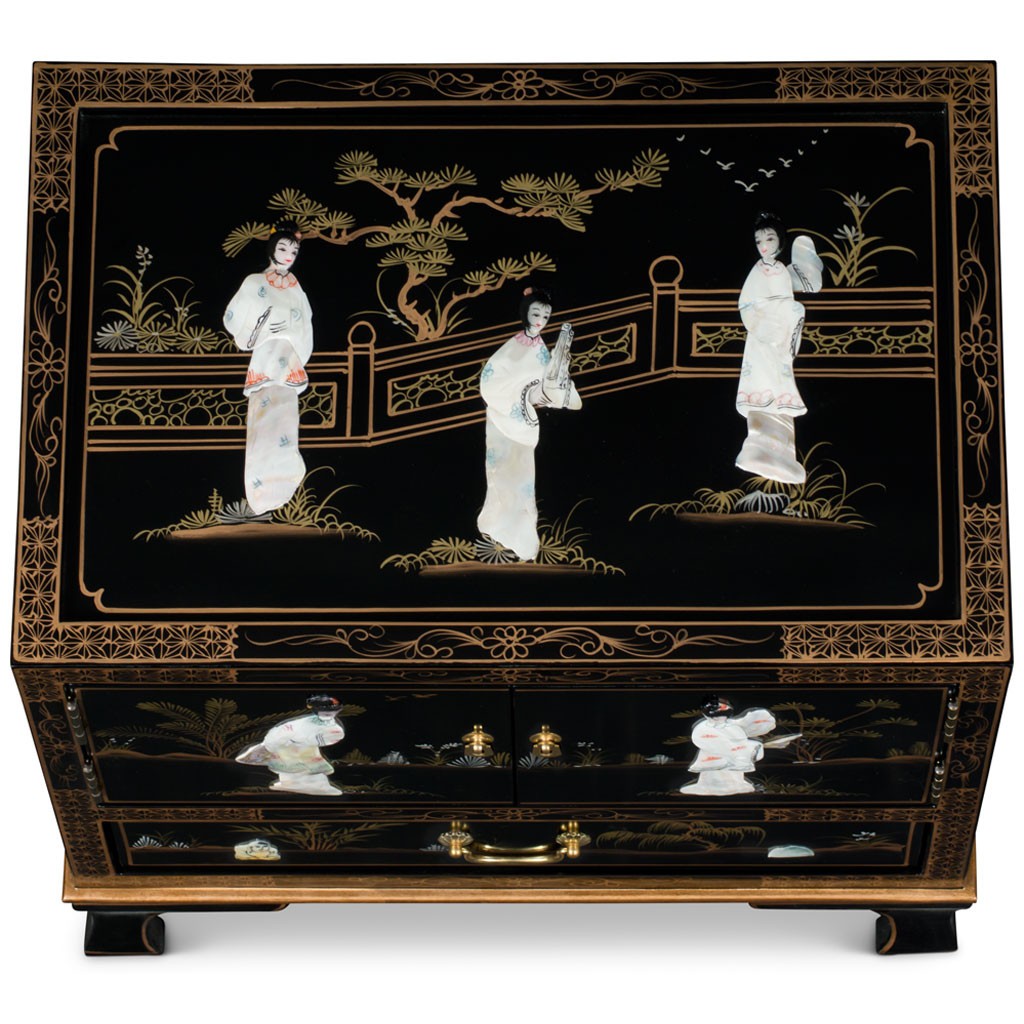 US Seller – Black Lacquer Mother of Pearl Oriental Accent Cabinet