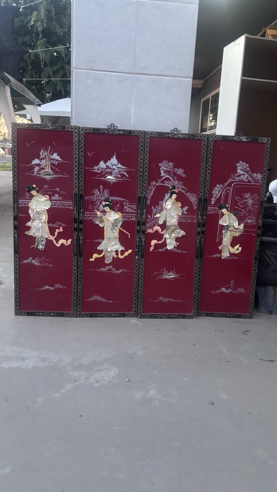 Asian Decorative 4-Panel Folding Screen Room Divider, Red/Black, Wood
