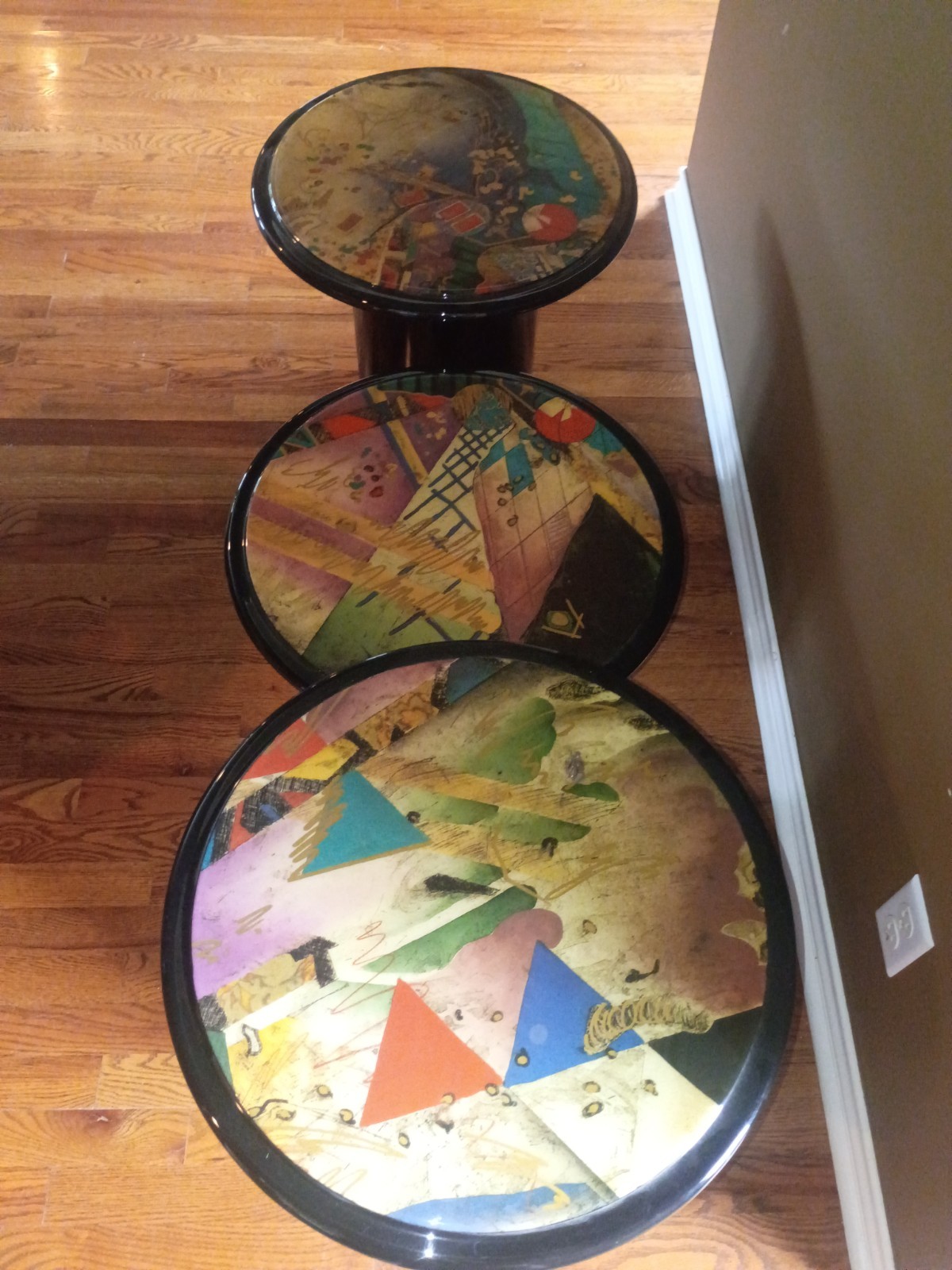 Set of 3 80’s Black Lacquer Mushroom Nesting Tables Abstract Art Tops.