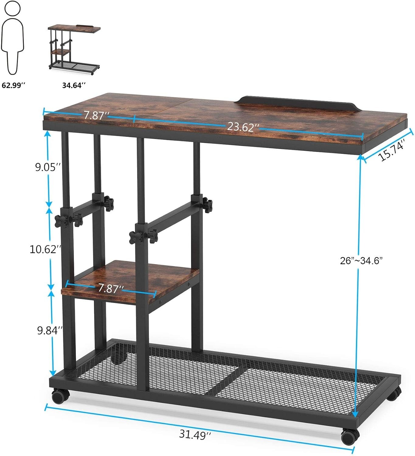 Tribesigns Height Adjustable C Table with Wheels, Mobile Couch Snack Side Table