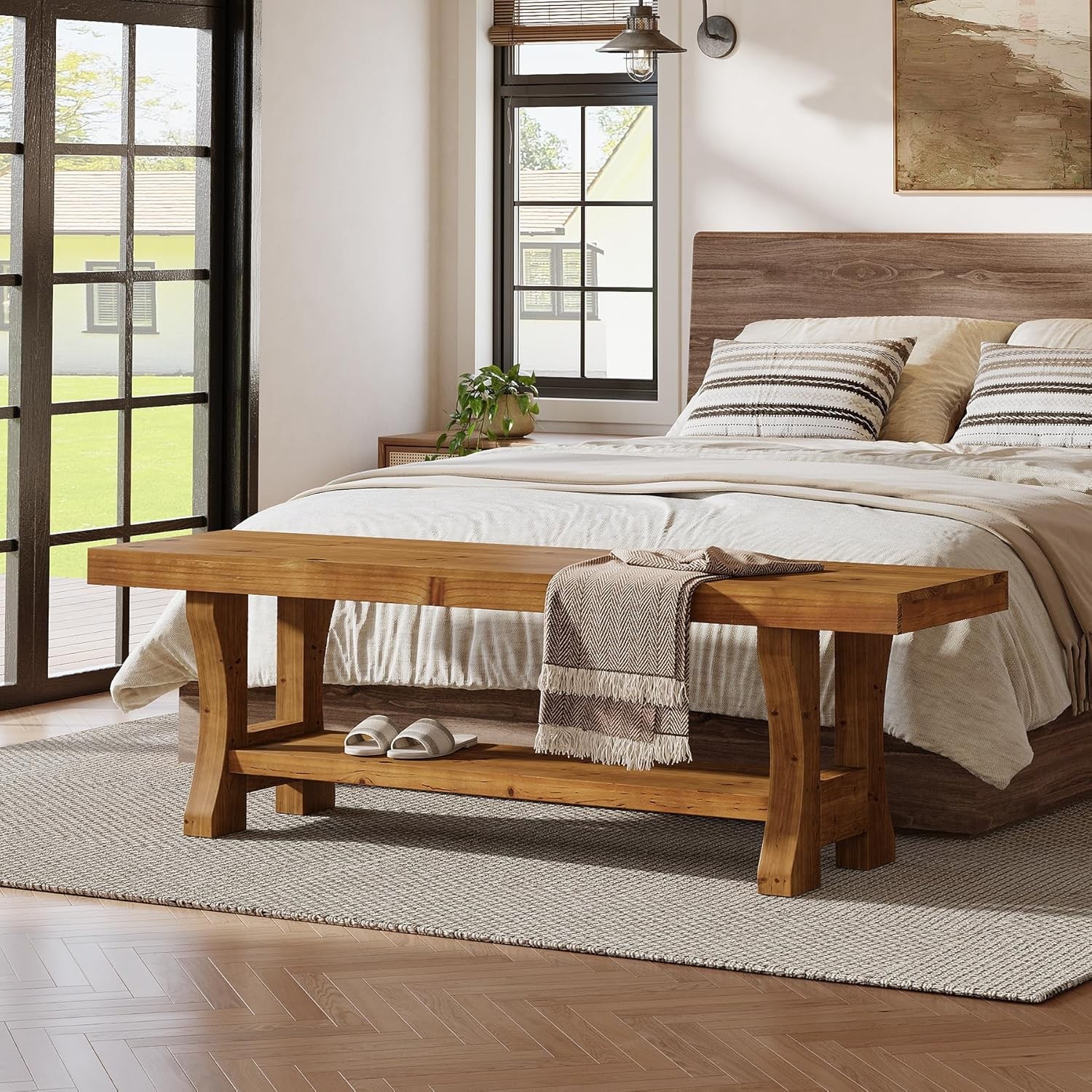 55-Inch Solid Wood Entryway Bench, Indoor End of Bed Bench with Storage Shelf