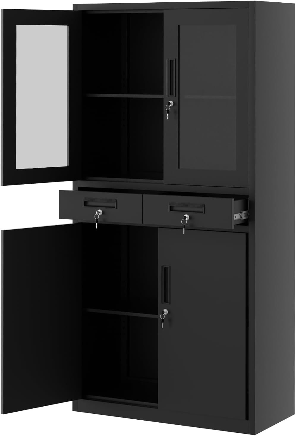 71″ Black Metal Storage Cabinet w/Glass Doors,2 Drawers + 2 Adjustable Shelves..