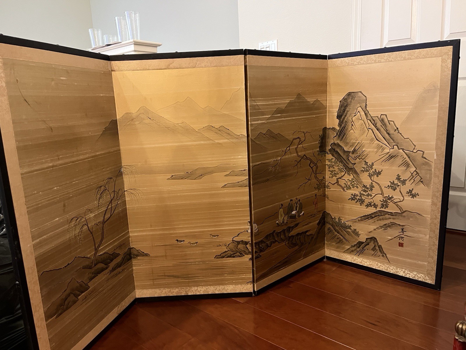 Asian Style 4-Panel Botanical Room Divider, Wood Fabric, Beige Black