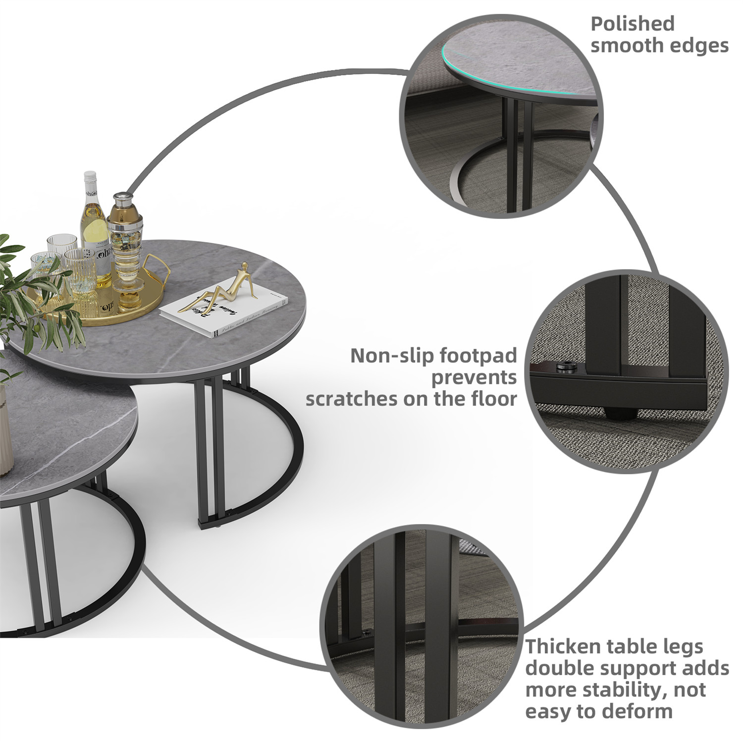 Real Marble Nesting Table Dark Gray White Top Heavy Metal Coffee Side End Table