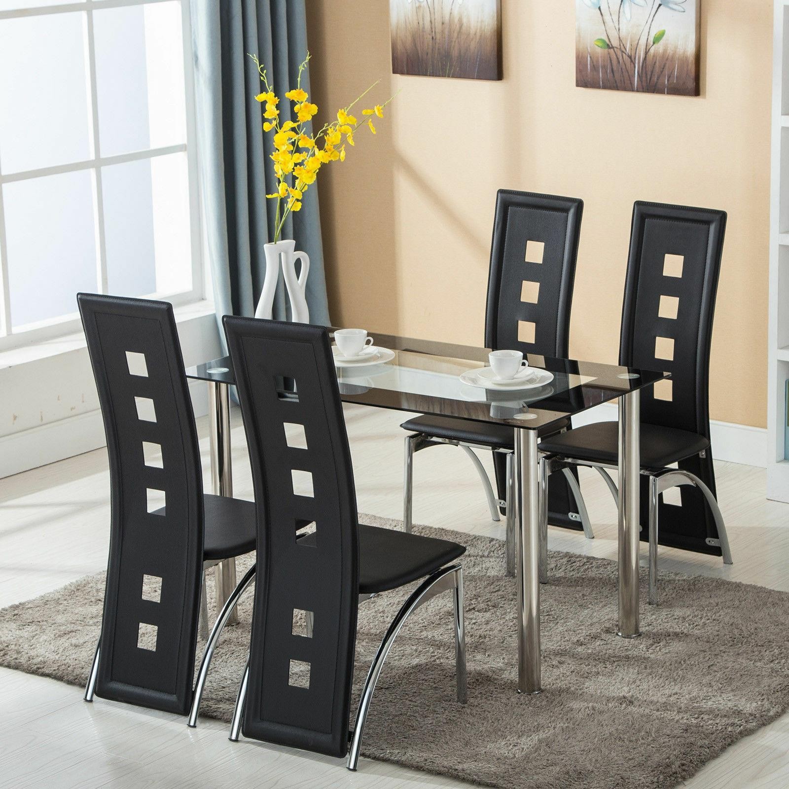 Set of 4 Leather Dining Chairs Living Room Chairs w/ High Back Metal Legs