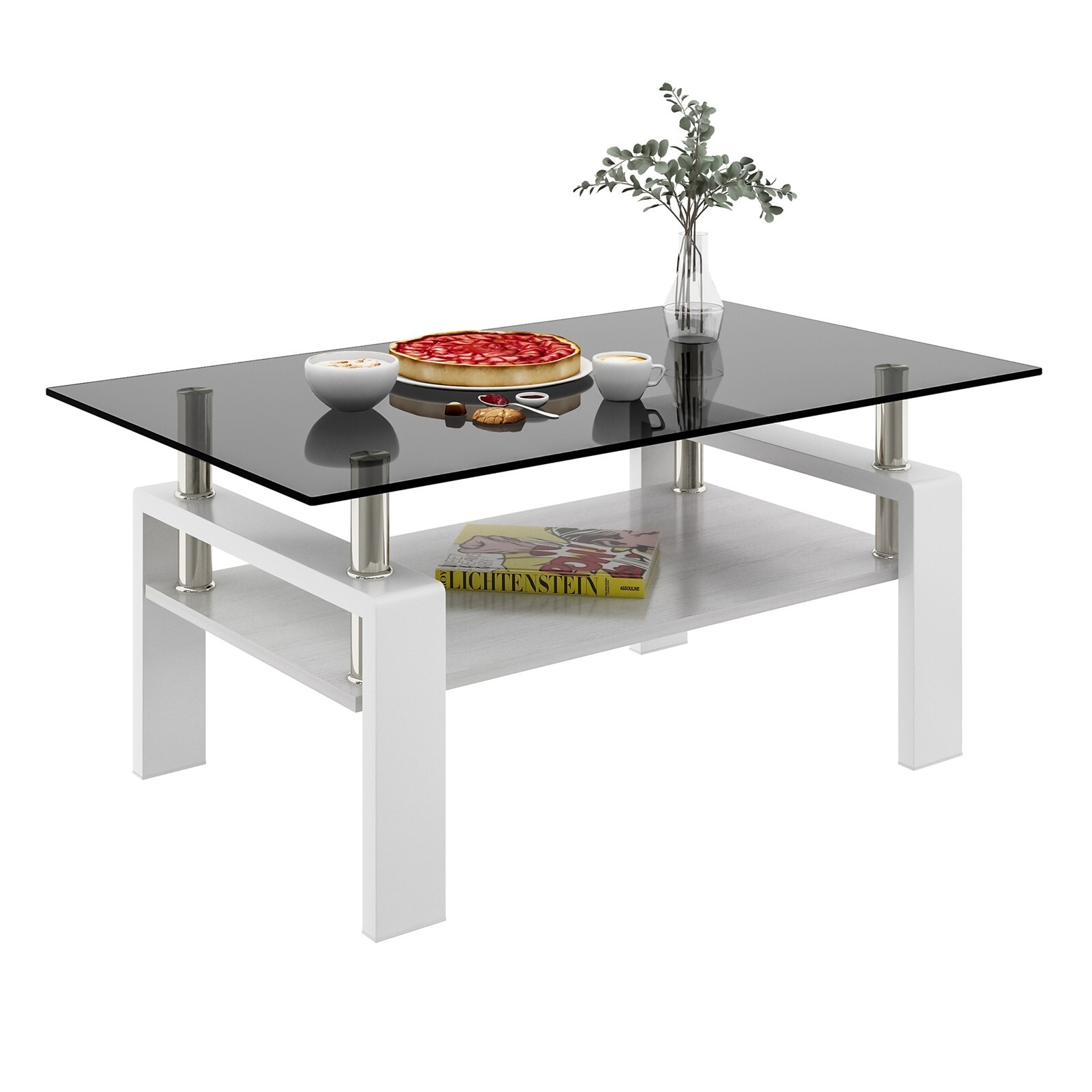 Rectangle Coffee Table Tempered Glass Tabletop with MDF Layer for Living Room