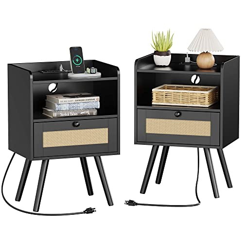 Nightstands with Charging 11.8″D x 15.9″W x 23.4″H (1 Drawers) 2 Black