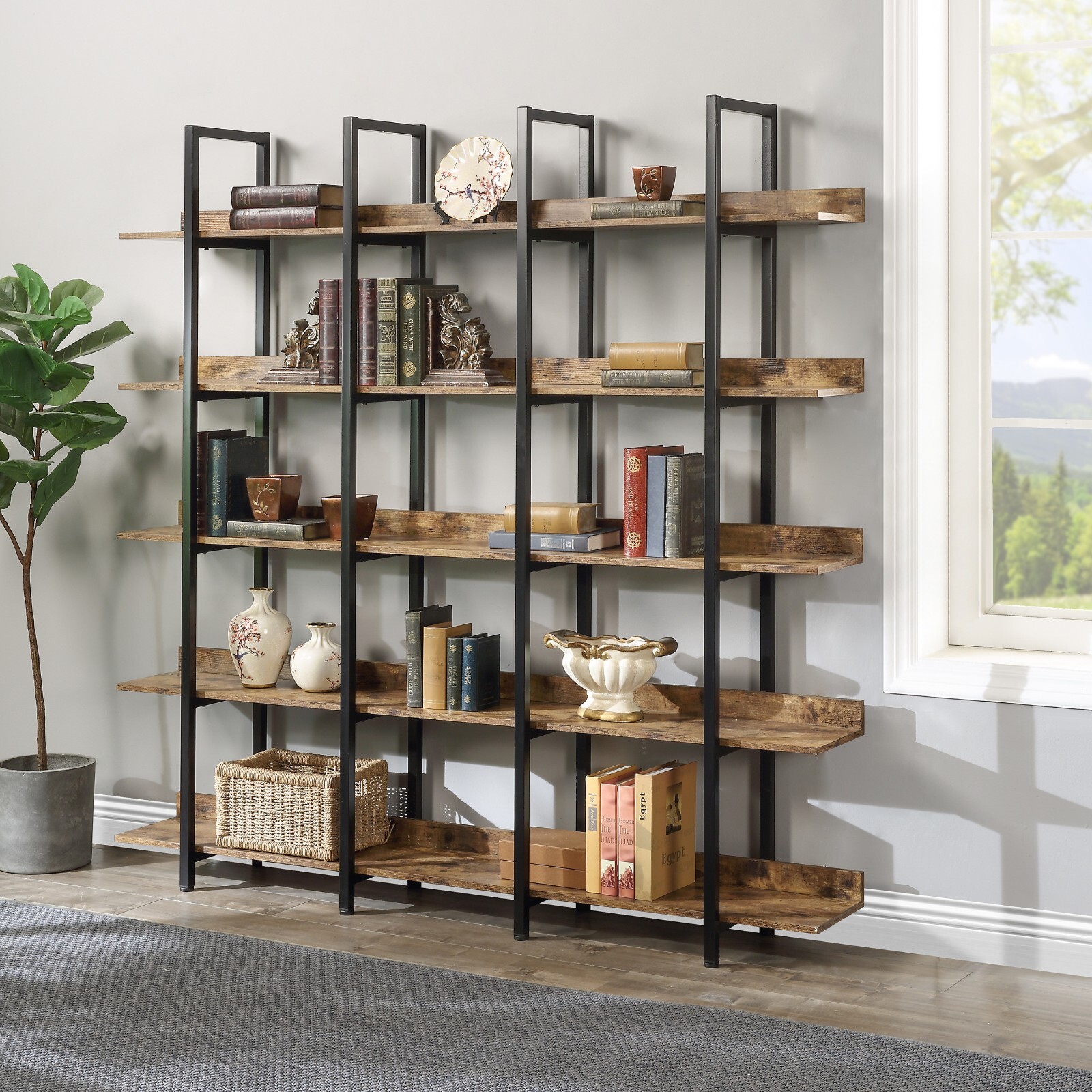 71″ Tall 5 Tier Open Bookcase, Brown MDF, Black Metal Frame