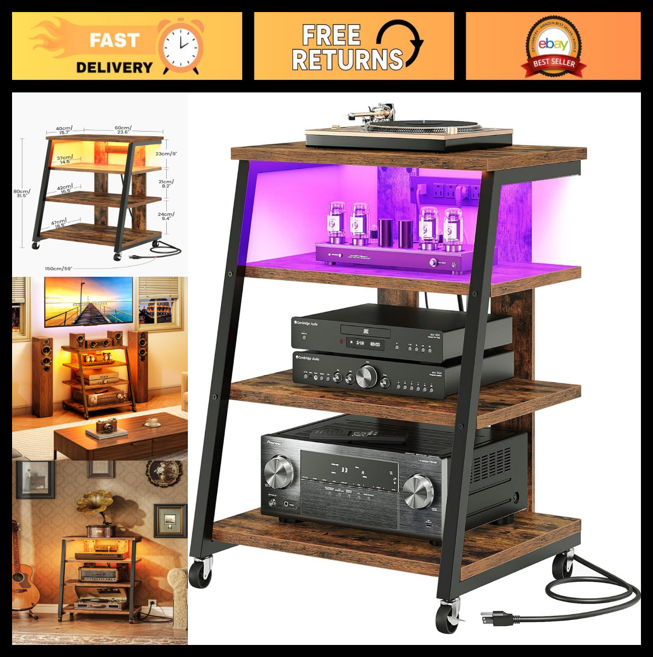 4-Tier Media Stand with Wheels, LED Lights, Power Strips, Rustic Audio Rack
