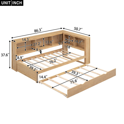 Solid Wood Daybed with Trundle Storage Bookcases Twin Size Sofa Bed Platform Bed