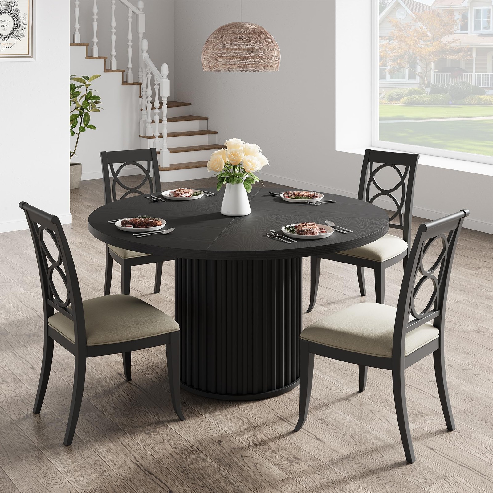 47″ Round Dining Table for 4-6 Black Industrial Kitchen Table w/ Waveform Base