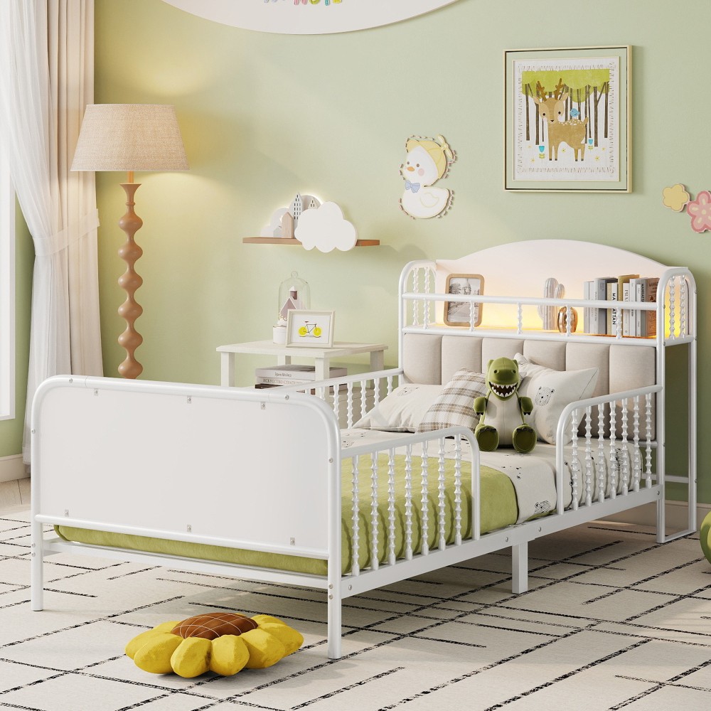 Platform Bed Frame W Light Kids Full Metal Bed W Upholstered Storage Headboard