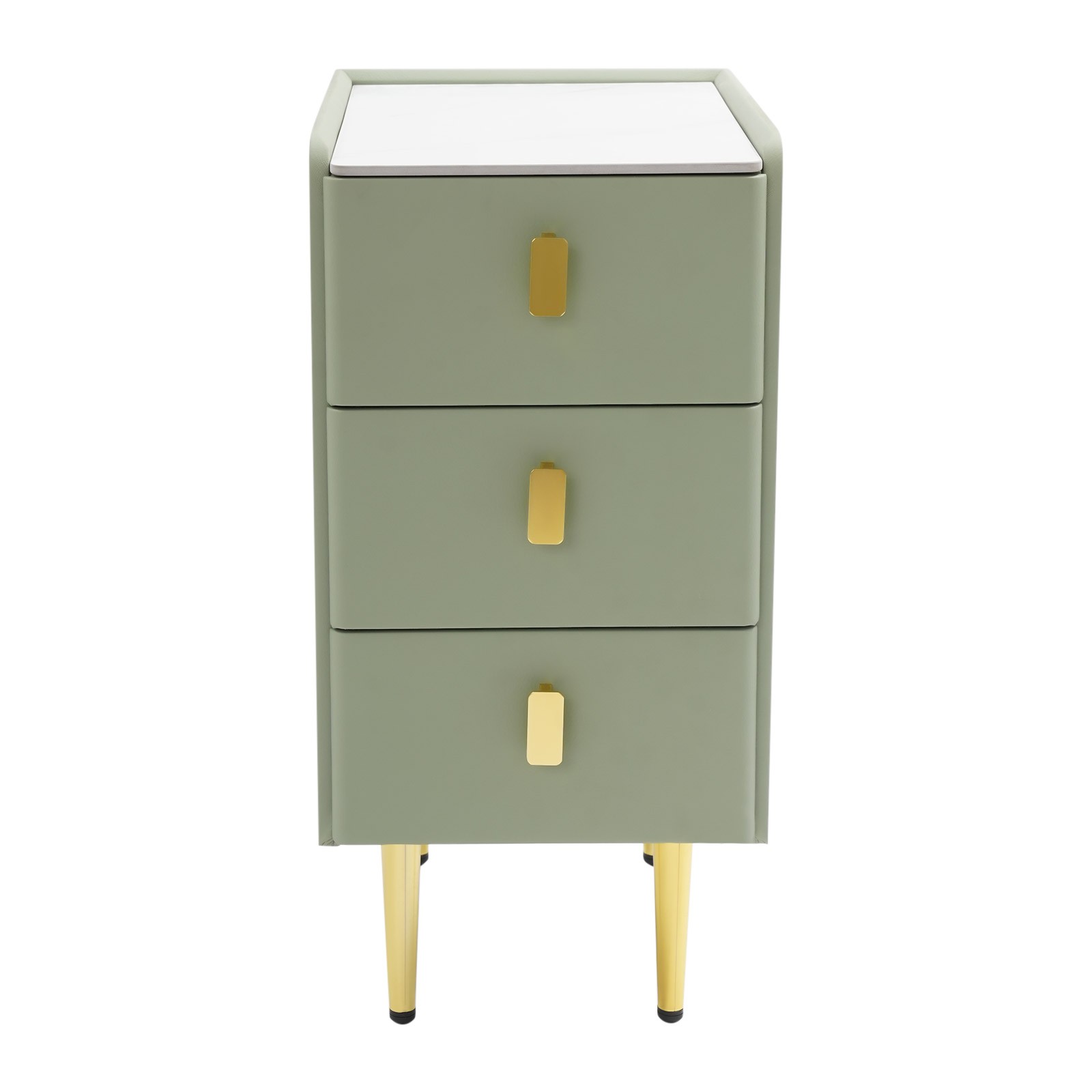 Narrow 3-Drawer Nightstand Bedside Table Green Gold Leather Rock Slab Top