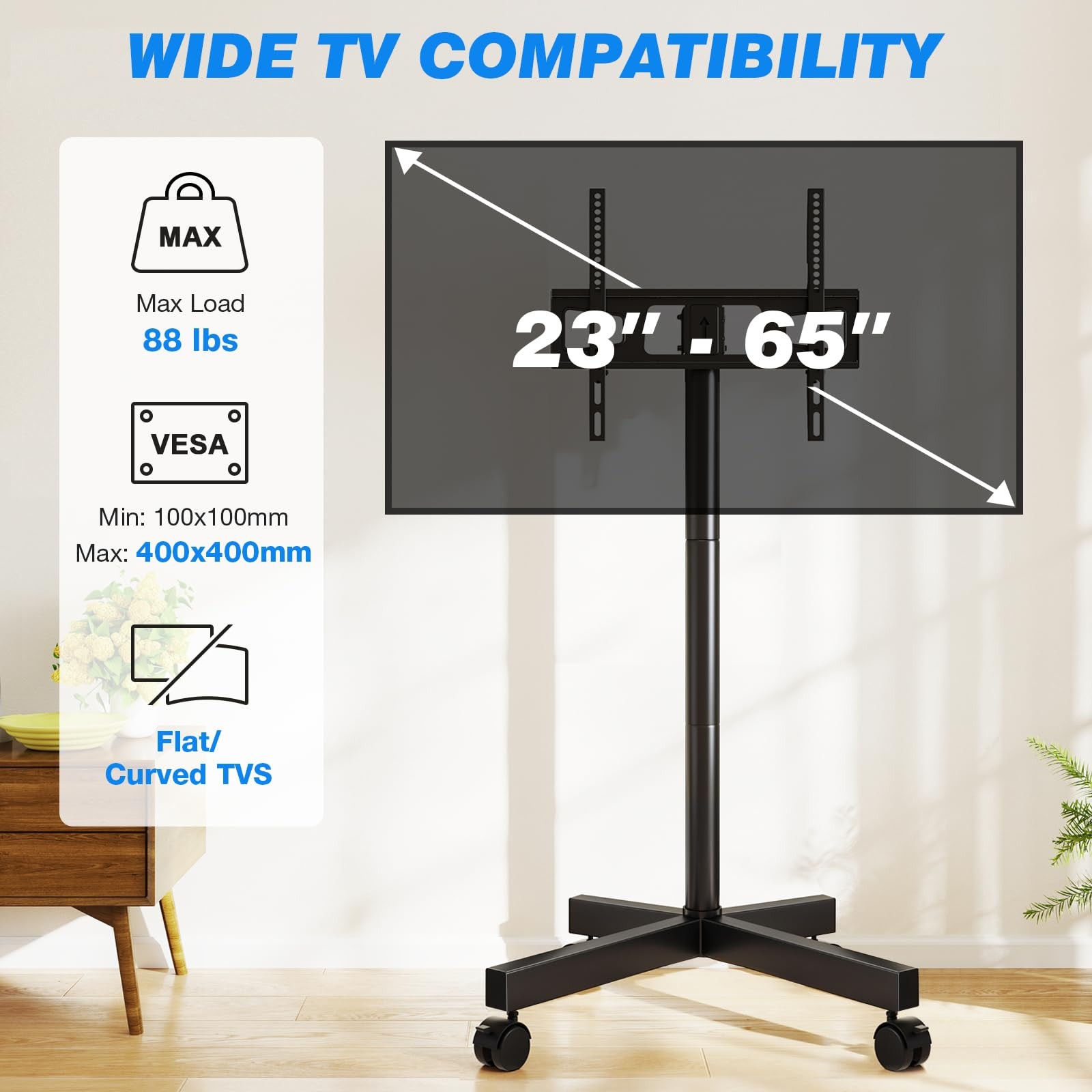 Rfiver Black Mobile TV Cart 23-65″ Tilt Height Adj