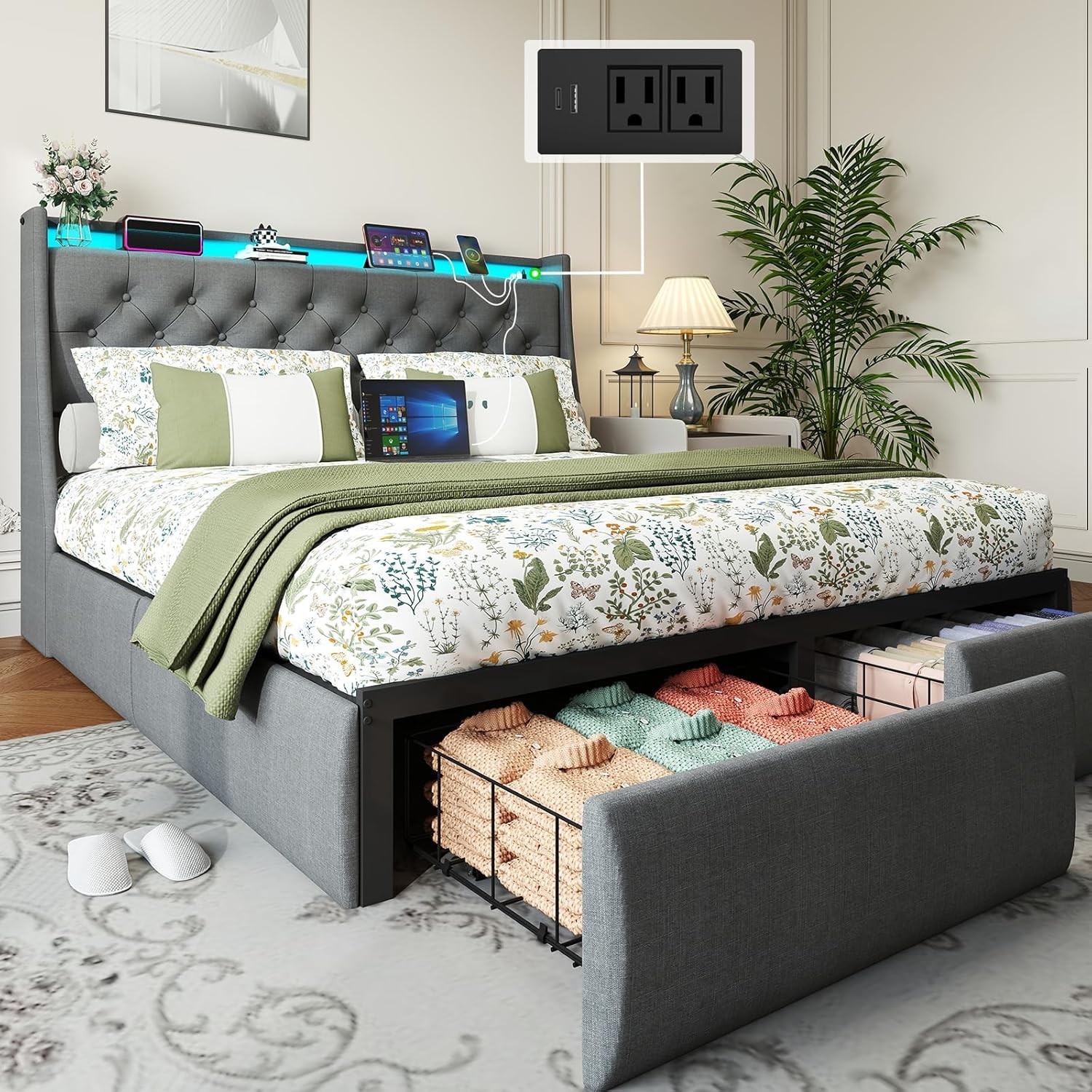 Button Tuffed Full Queen King Upholstered Bed Frame with Charging and Headboard
