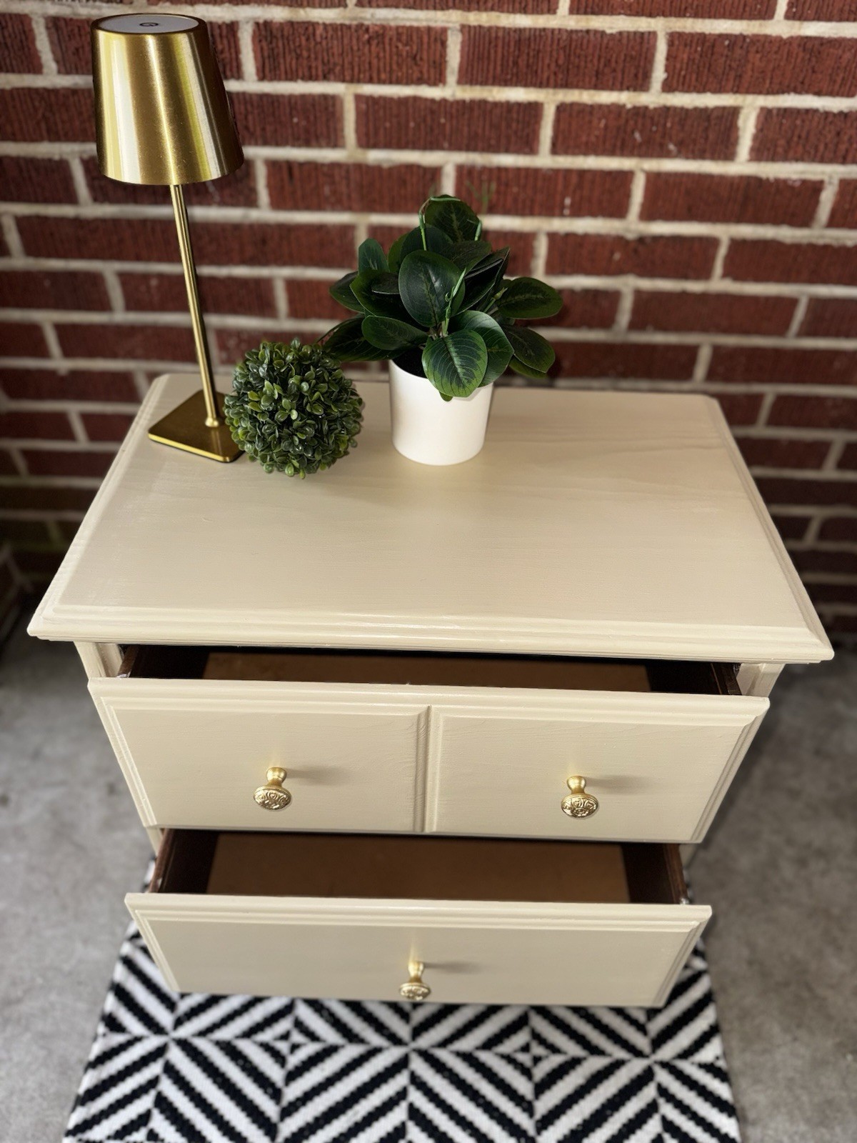 Tan Painted Wood Nightstand w/ Storage, 3 Drawers, Metal Knob Handles