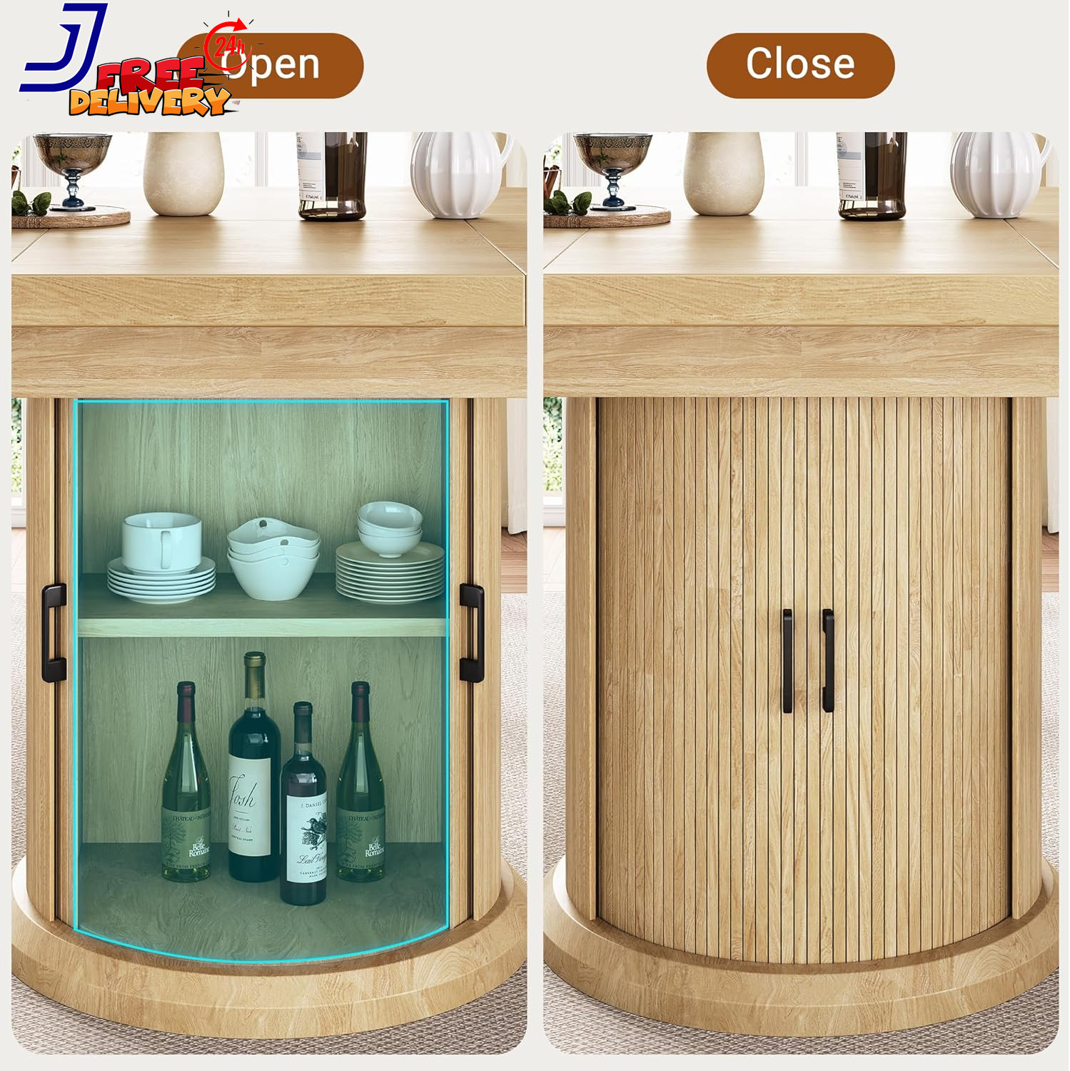 Extendable Round Dining Table for 4-8 with Storage Shelf Natural Wood Finish