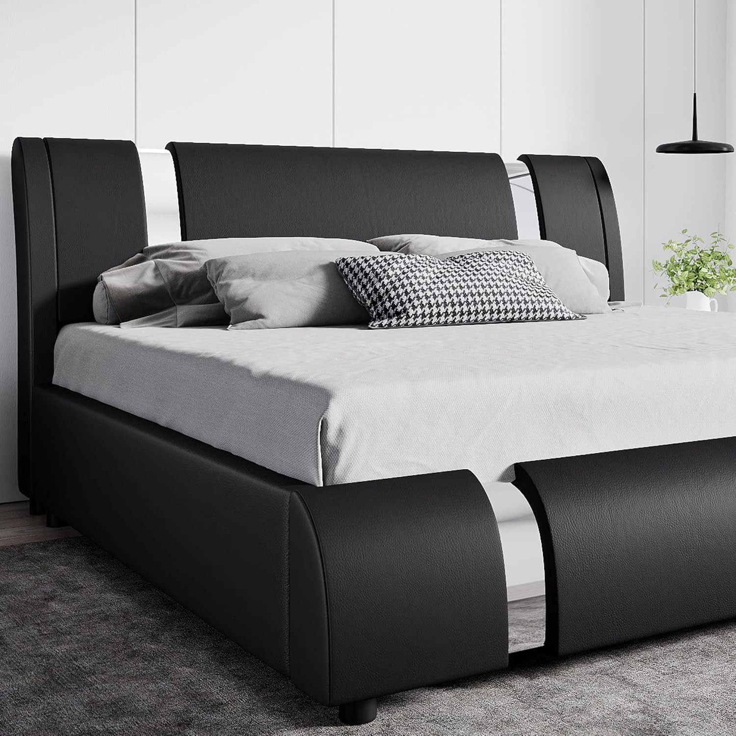 Stylish Black Faux Leather Queen Bed Frame with Adjustable Headboard