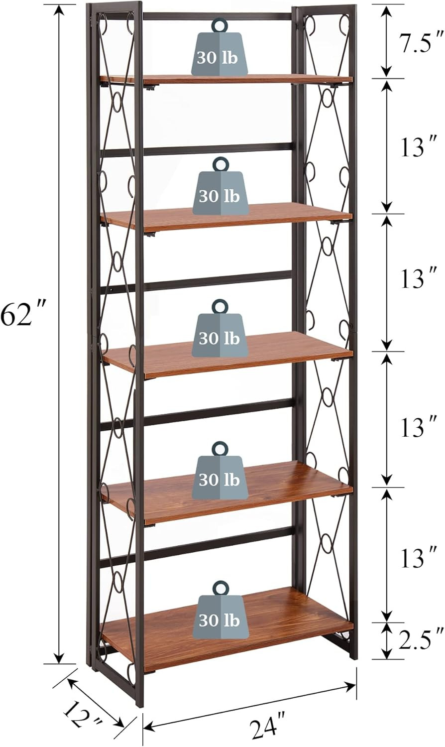 Folding Bookshelf,5 Tier Bookcase Foldable Easy Assembly, Industrial Book Shelf