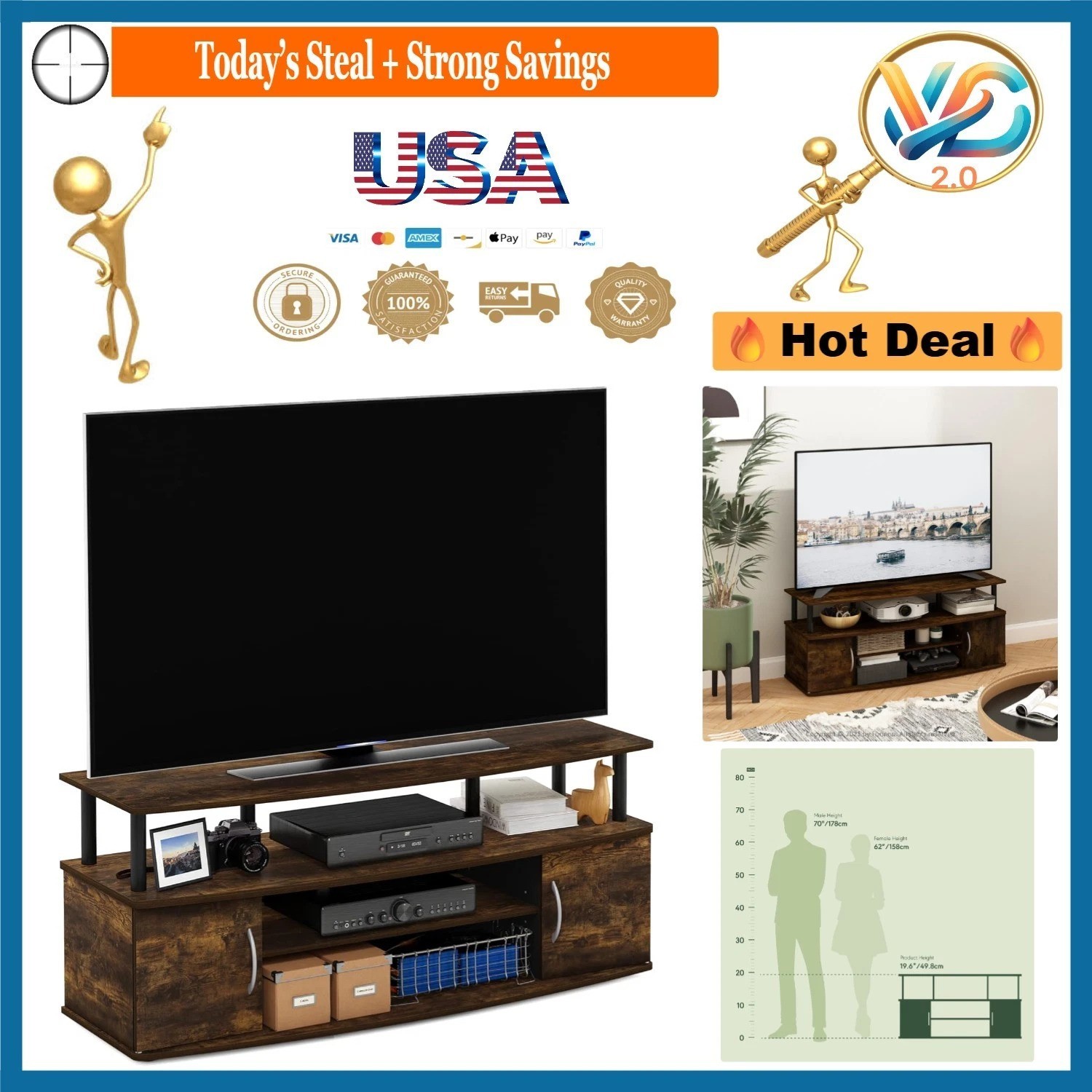 Jaya Entertainment Center Stand for 55 Inch TVs Amber Pine Black Durable