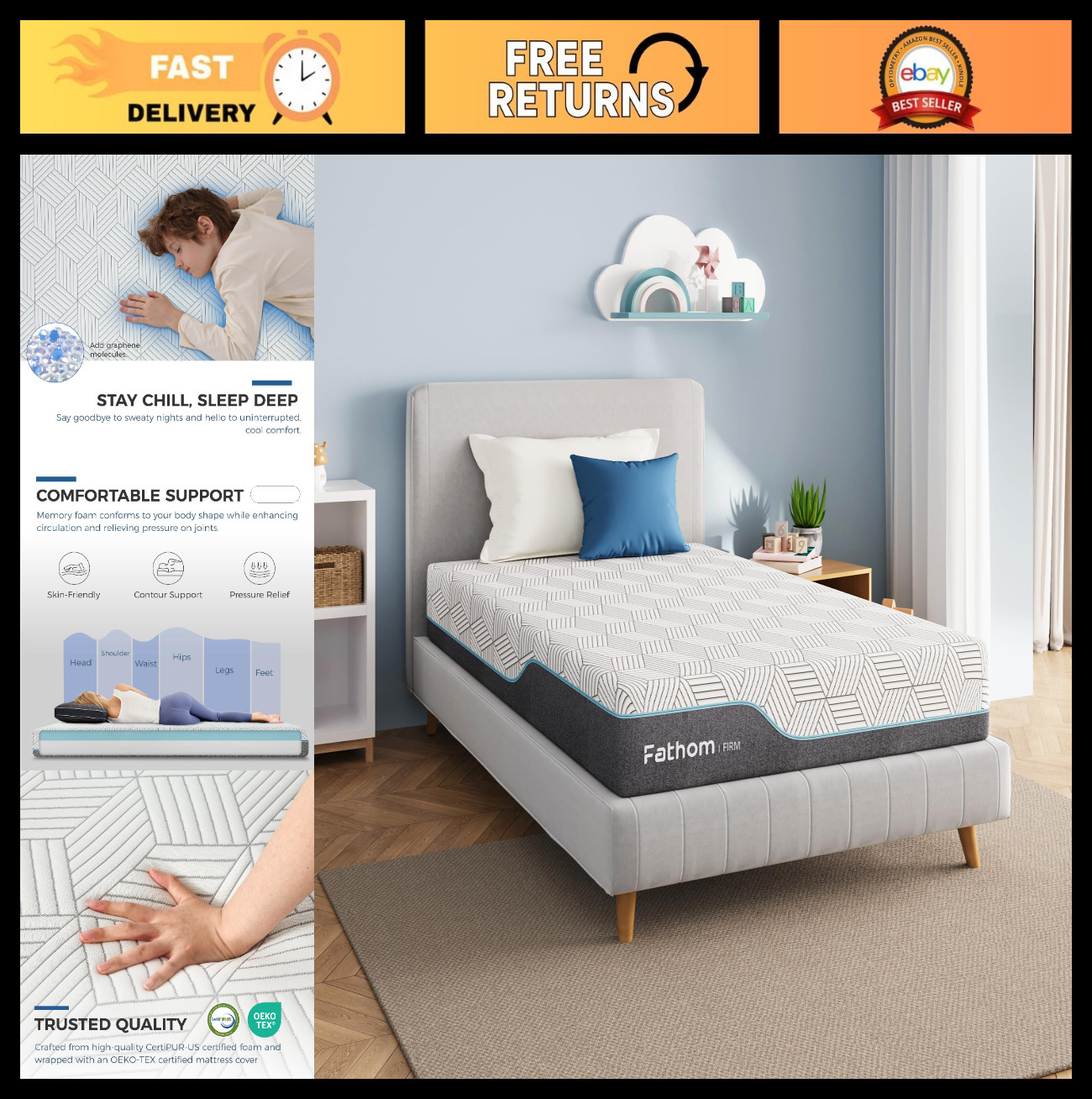 8″ Twin Memory Foam Mattress – Gel Foam, Back Pain Relief, Cool Sleep, CertiPUR-