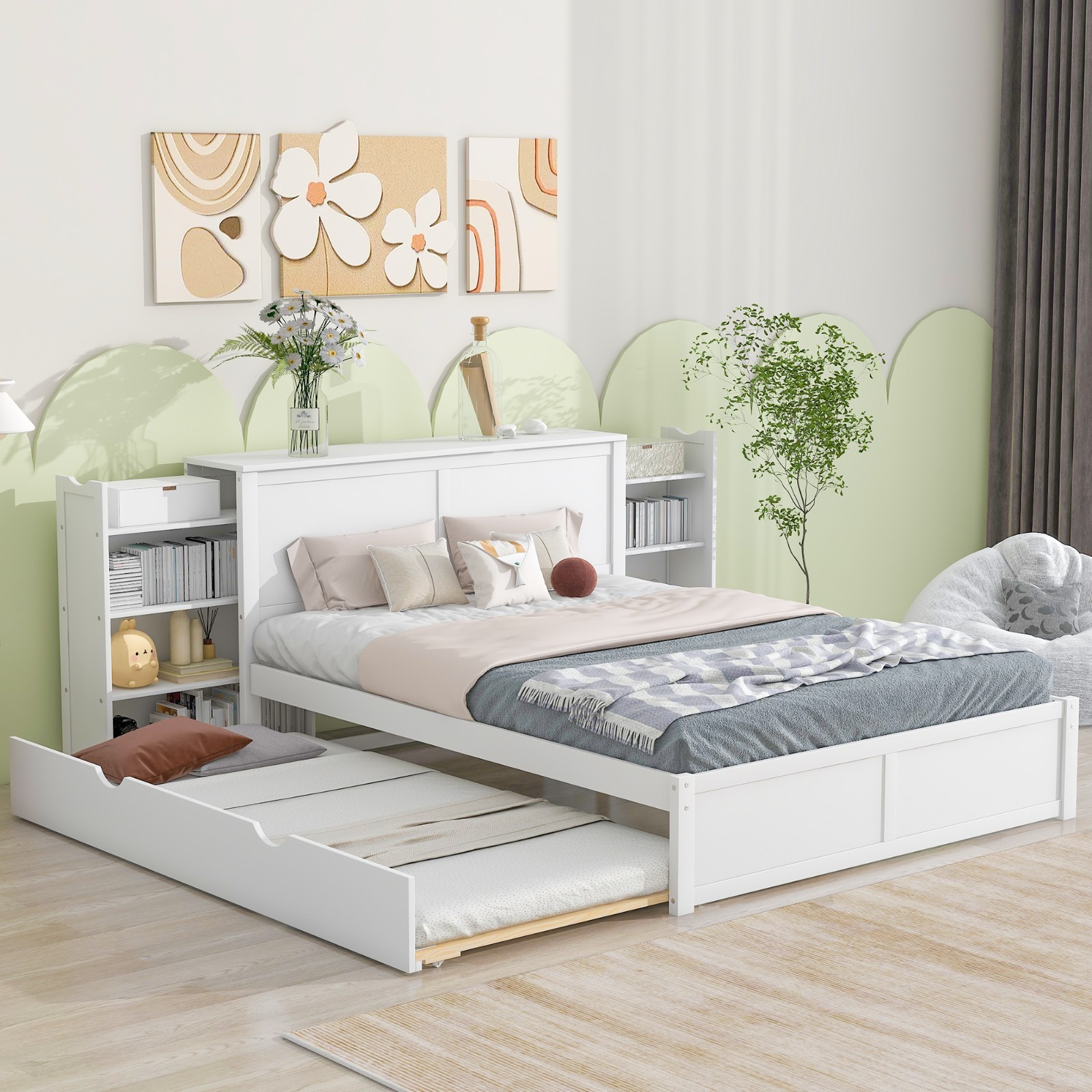 🛏️MATTRESS NOT INCLUDED!🛏️Queen Bed Frame. Trundle w/Drawers, Shelves, Lights!
