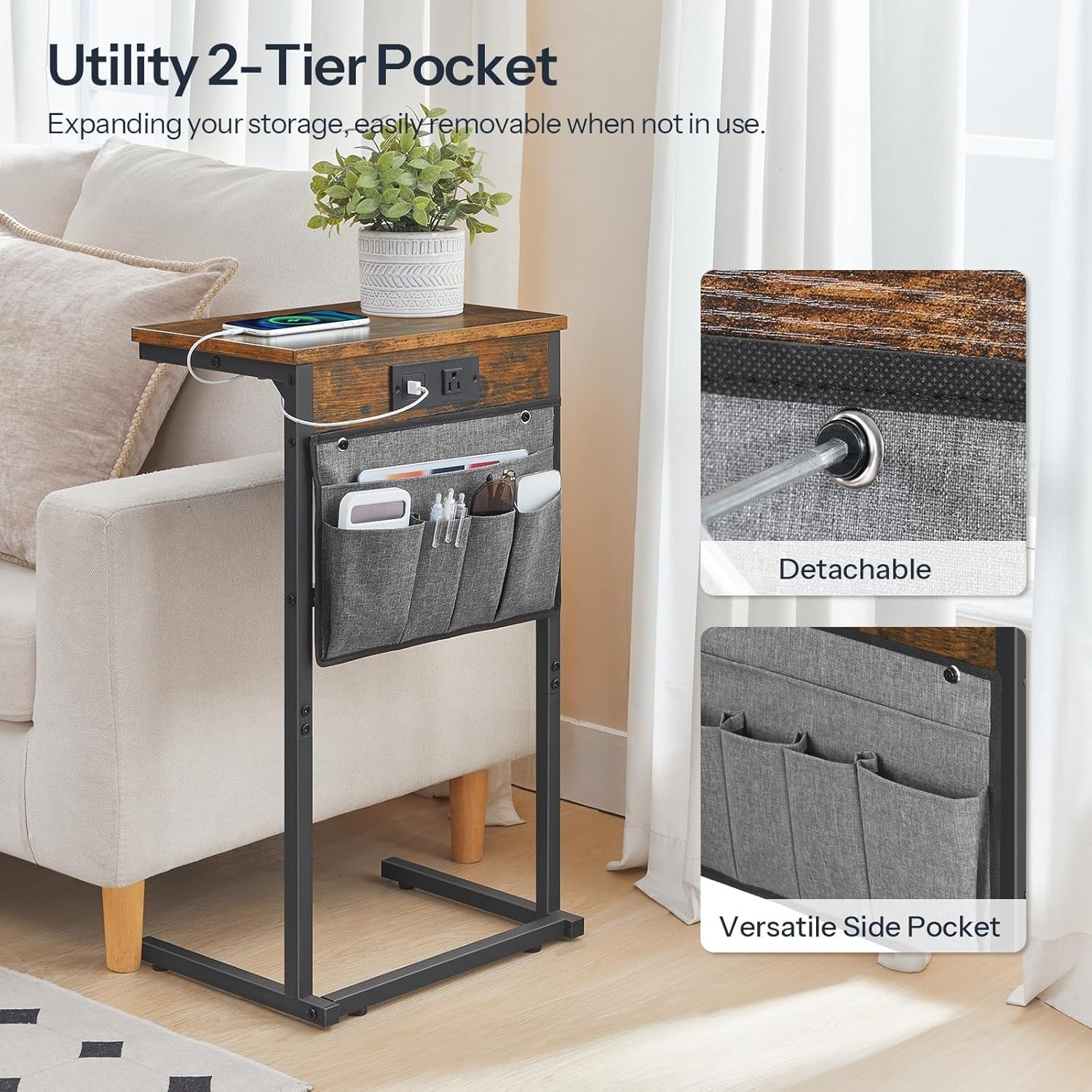 C Shaped End Table with Charging Station, 28″ H Couch Side Table Slide Under,…